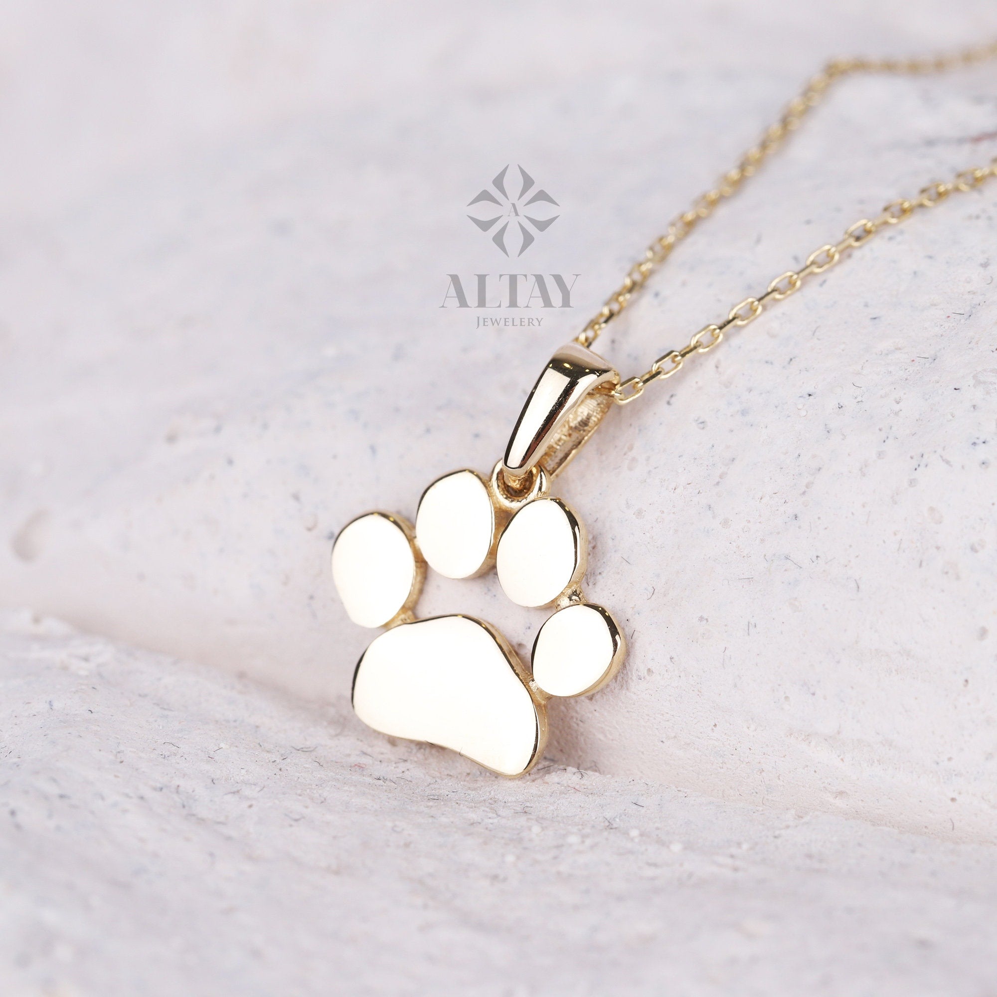14K Gold Paw Print Name Necklace, Personalized Dog Paw Necklace, Tiny Dog Cat Lover Charm Pendant, Animal Necklace, Pet Memorial Necklace
