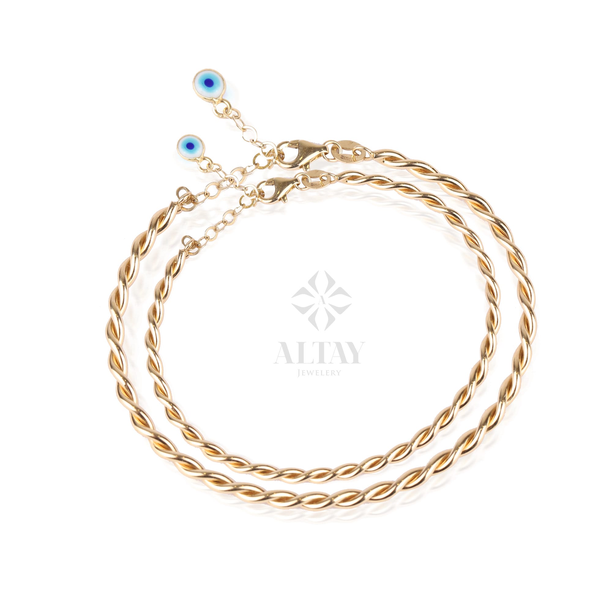 14K Gold Rope Bangle, Twisted Adjustable Gold Bangle, 2.75mm 1.95mm Wide Bracelet, Personalized Evil Eye Extender, Wire Stacking Cuff