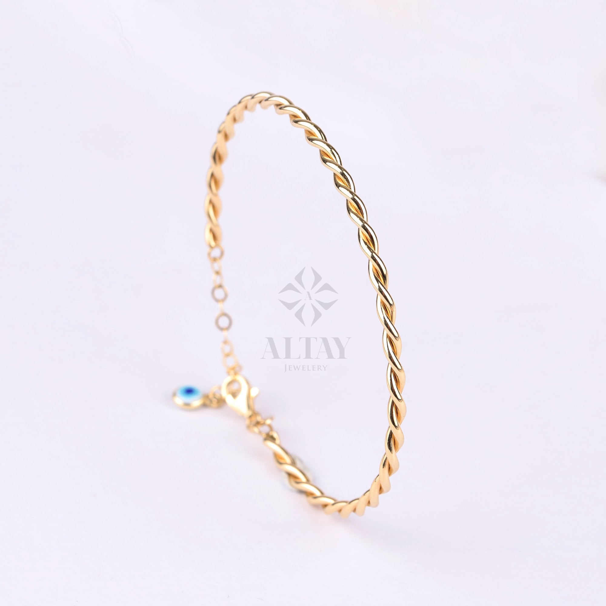 14K Gold Rope Bangle, Twisted Adjustable Gold Bangle, 2.75mm 1.95mm Wide Bracelet, Personalized Evil Eye Extender, Wire Stacking Cuff