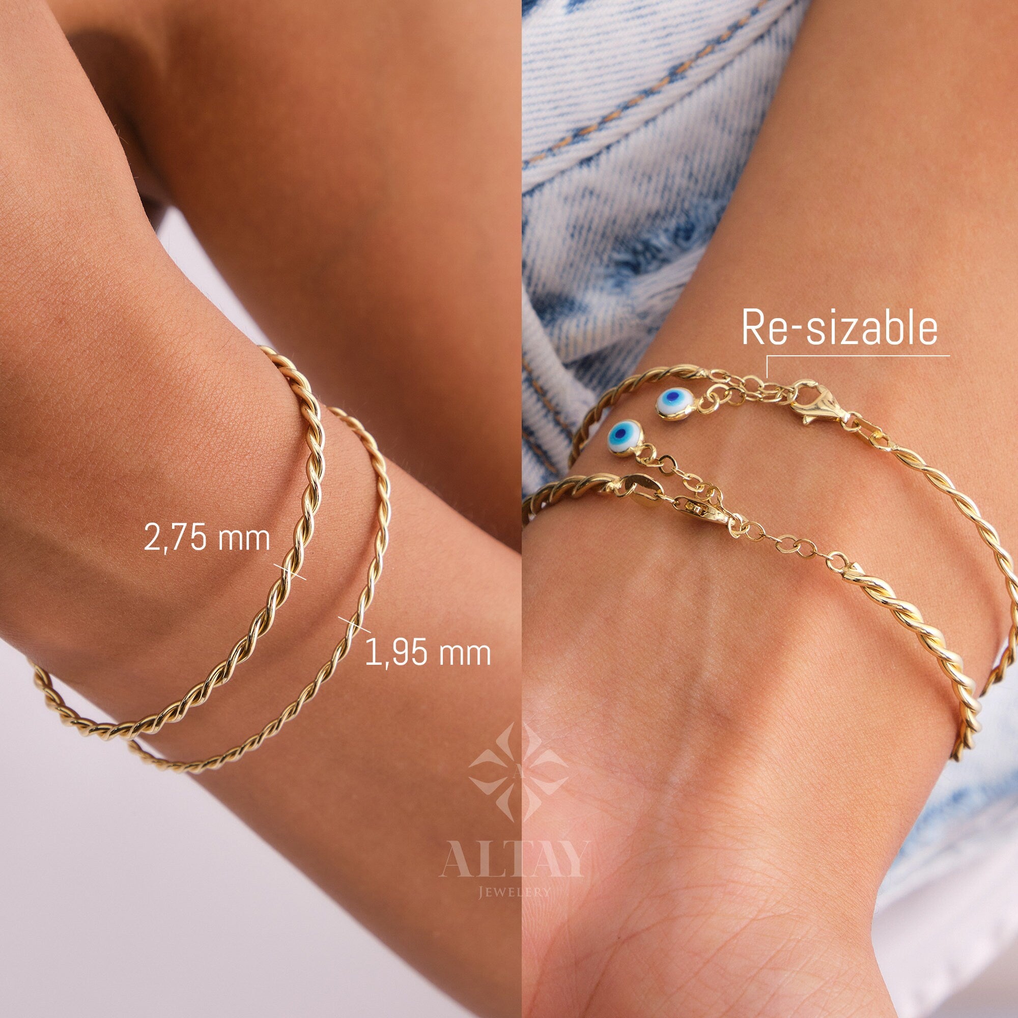 14K Gold Rope Bangle, Twisted Adjustable Gold Bangle, 2.75mm 1.95mm Wide Bracelet, Personalized Evil Eye Extender, Wire Stacking Cuff