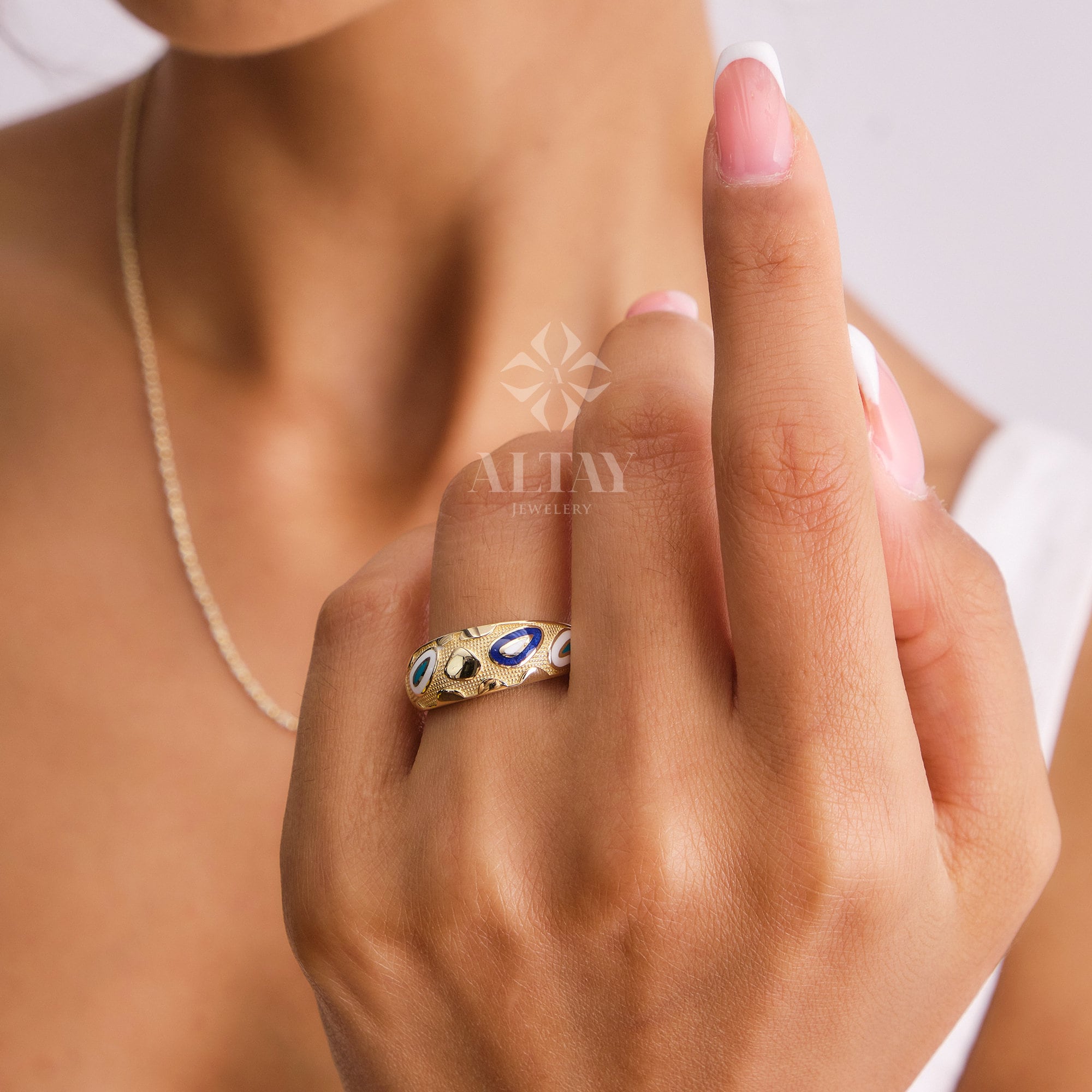 14K Gold Dome Ring, Classic Enamel Dome Ring, Mottled Design Dome Band, Bold Dome Ring, Wide Stackable Ring, Statement Ring, Wedding Band