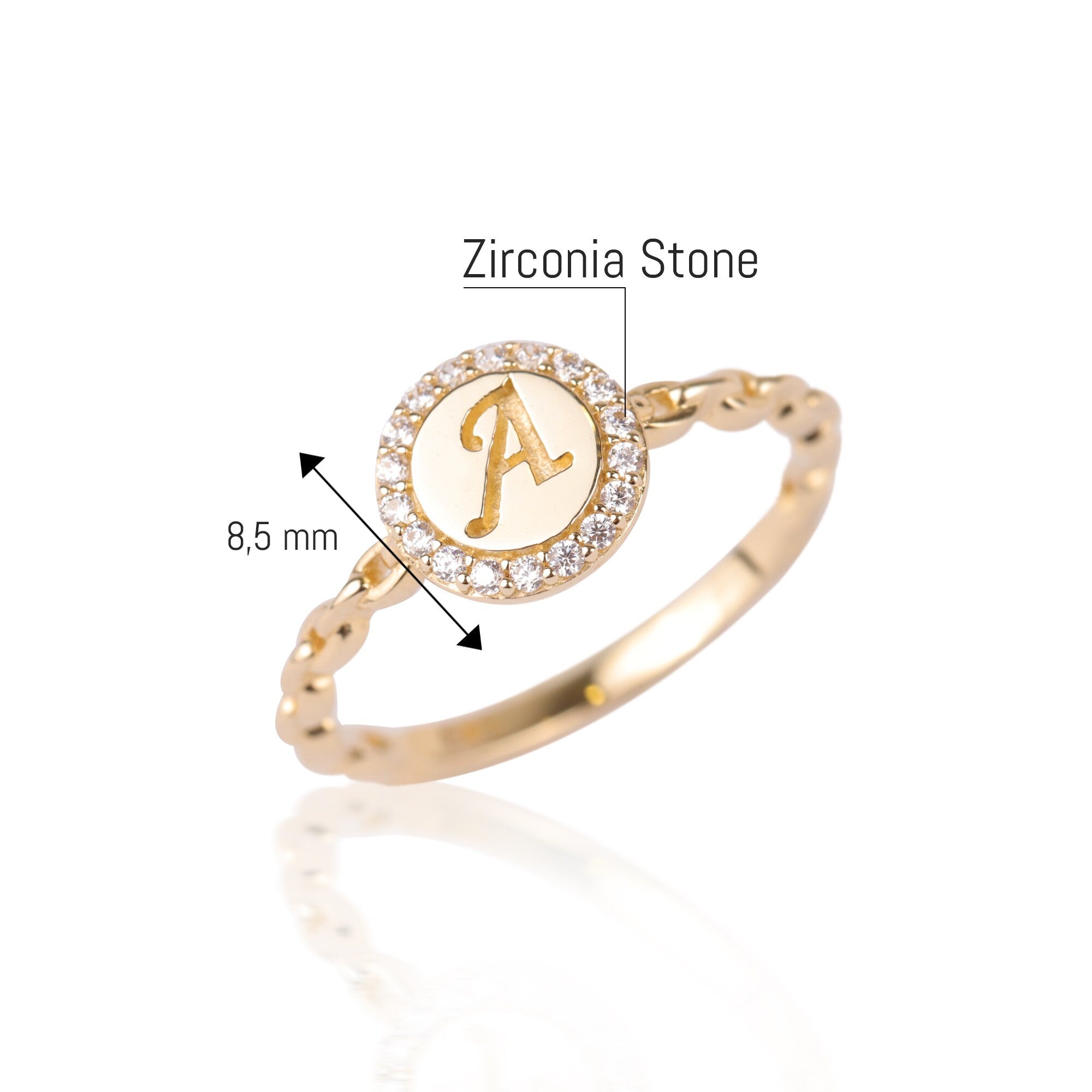 14K Gold Initial Ring, CZ Diamond Cursive Initial, Dainty Letter Band, Name Monogram Ring, Personalized Jewelry, Customized Tiny Gift