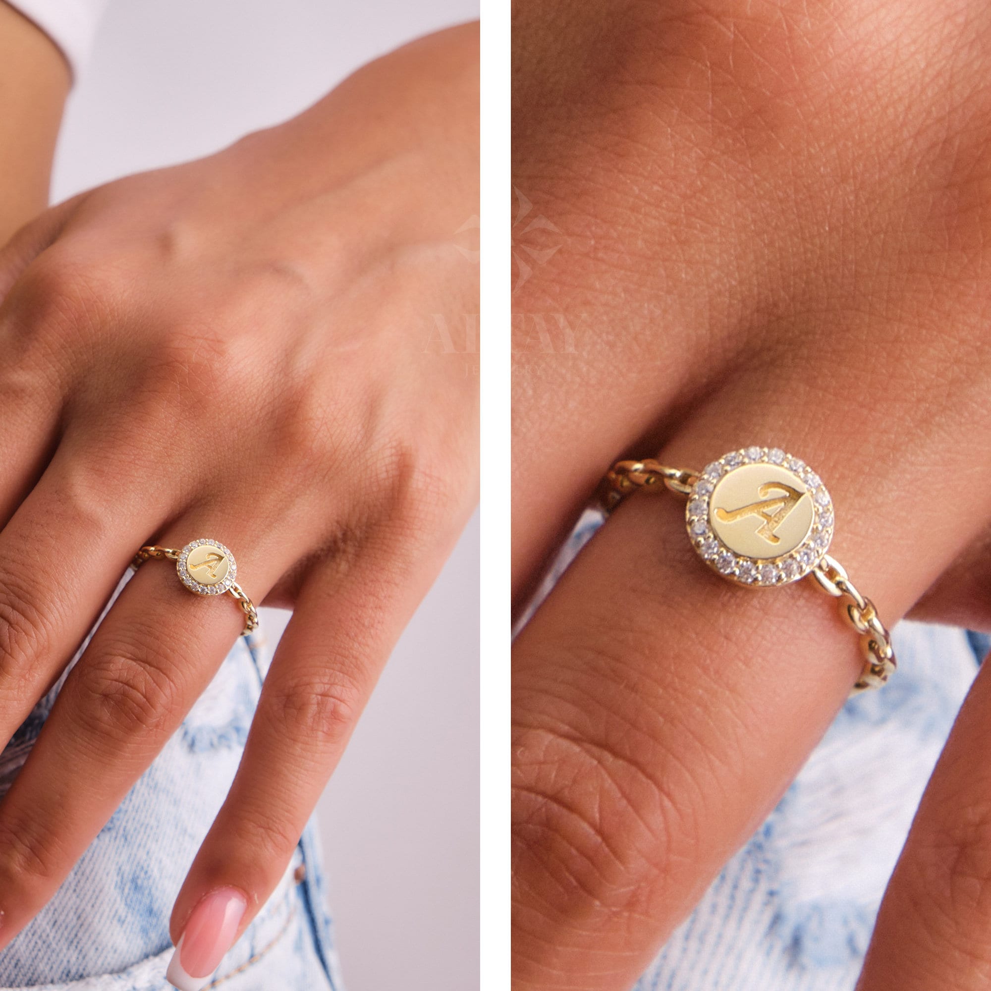 14K Gold Initial Ring, Round Signet Ring, Engraved Pinky Ring, Personalized Stacking Ring, Chain Band Ring, Custom Cursive Initial Ring