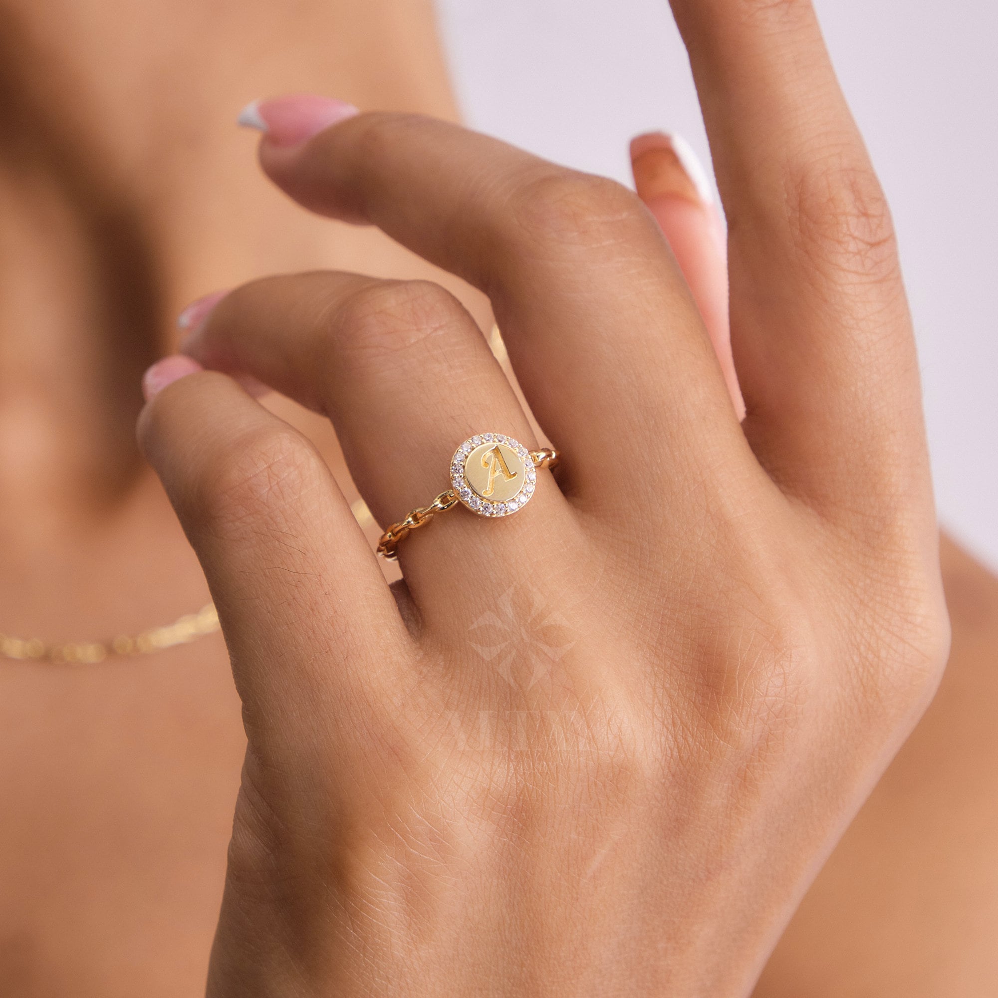 14K Gold Initial Ring, CZ Diamond Cursive Initial, Dainty Letter Band, Name Monogram Ring, Personalized Jewelry, Customized Tiny Gift