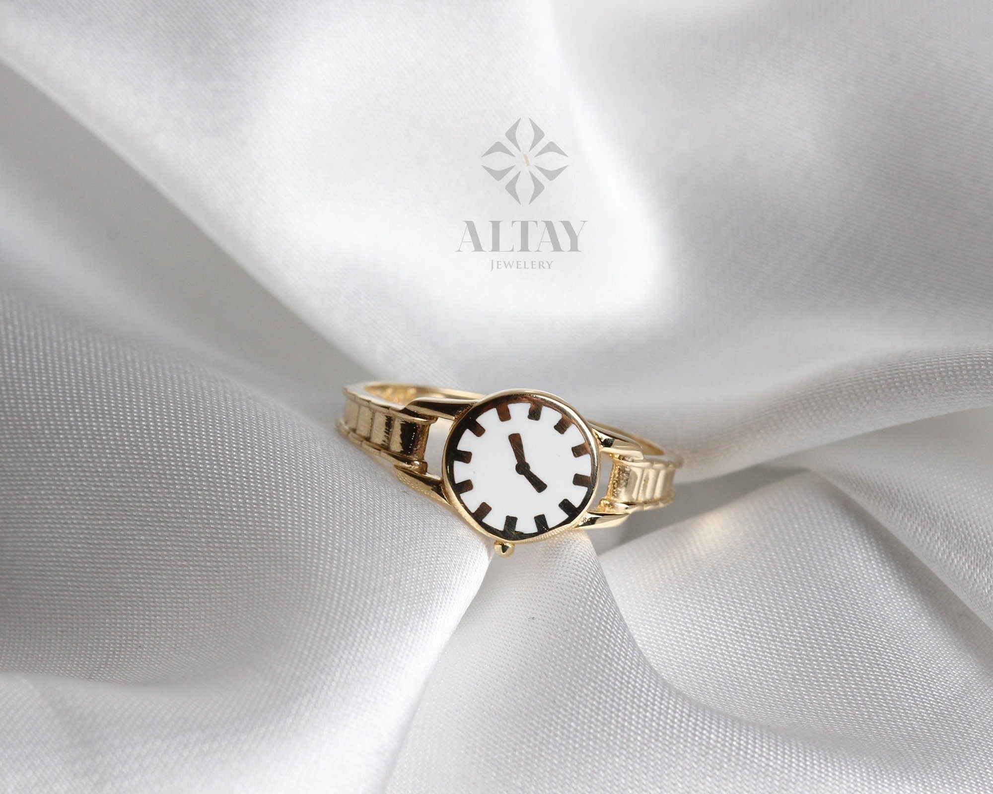 14K Gold Watch Ring, Round Clock Ring, Dainty Ring, Personalized Ring, Minimalist Ring, Boho Jewelry, Stackable Rings, Valentine's Day Gift
