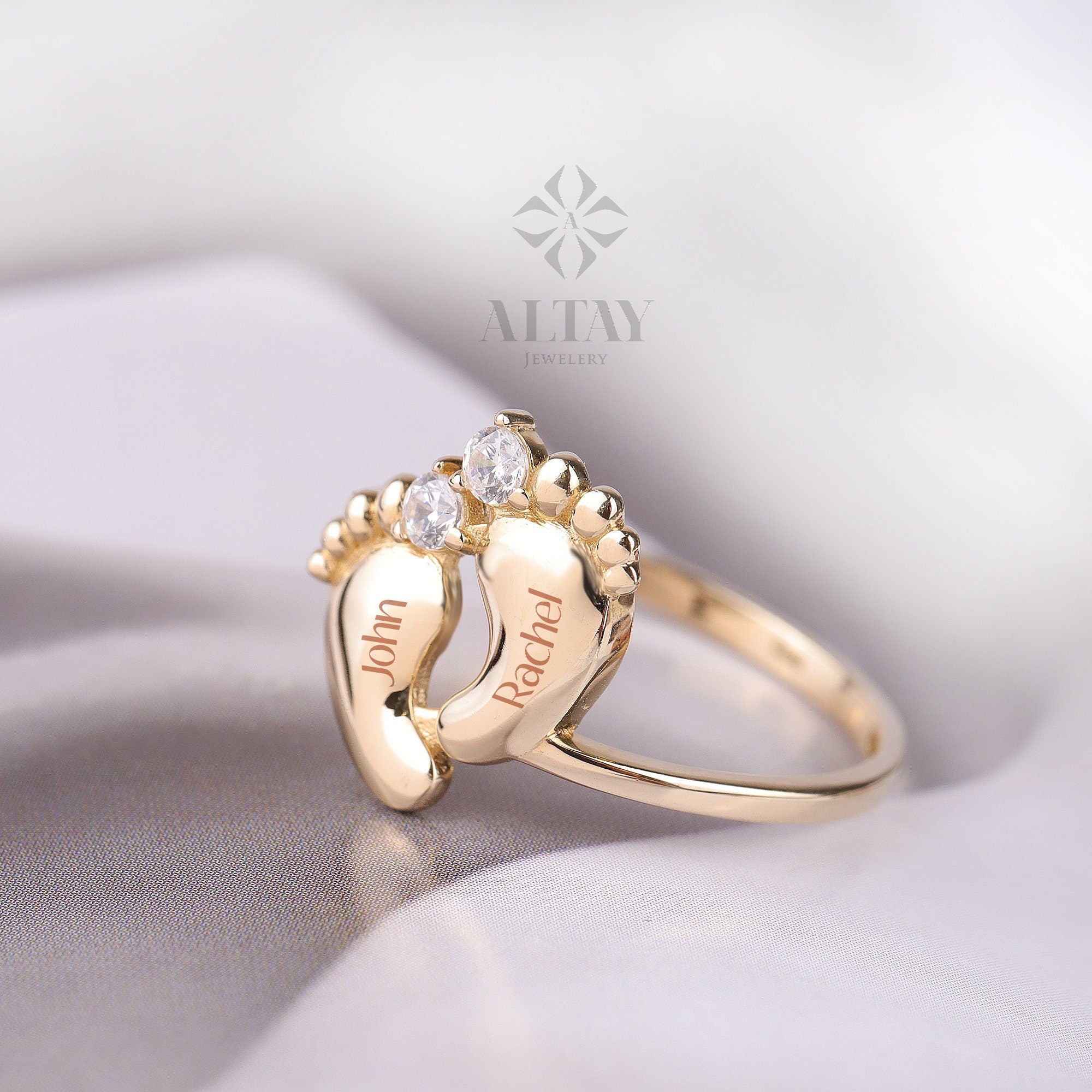 14K Gold Baby Feet Ring, Personalized Name Band, Birthstone Footprint Ring, Custom Engraved Newborn Ring, New Mom Gift