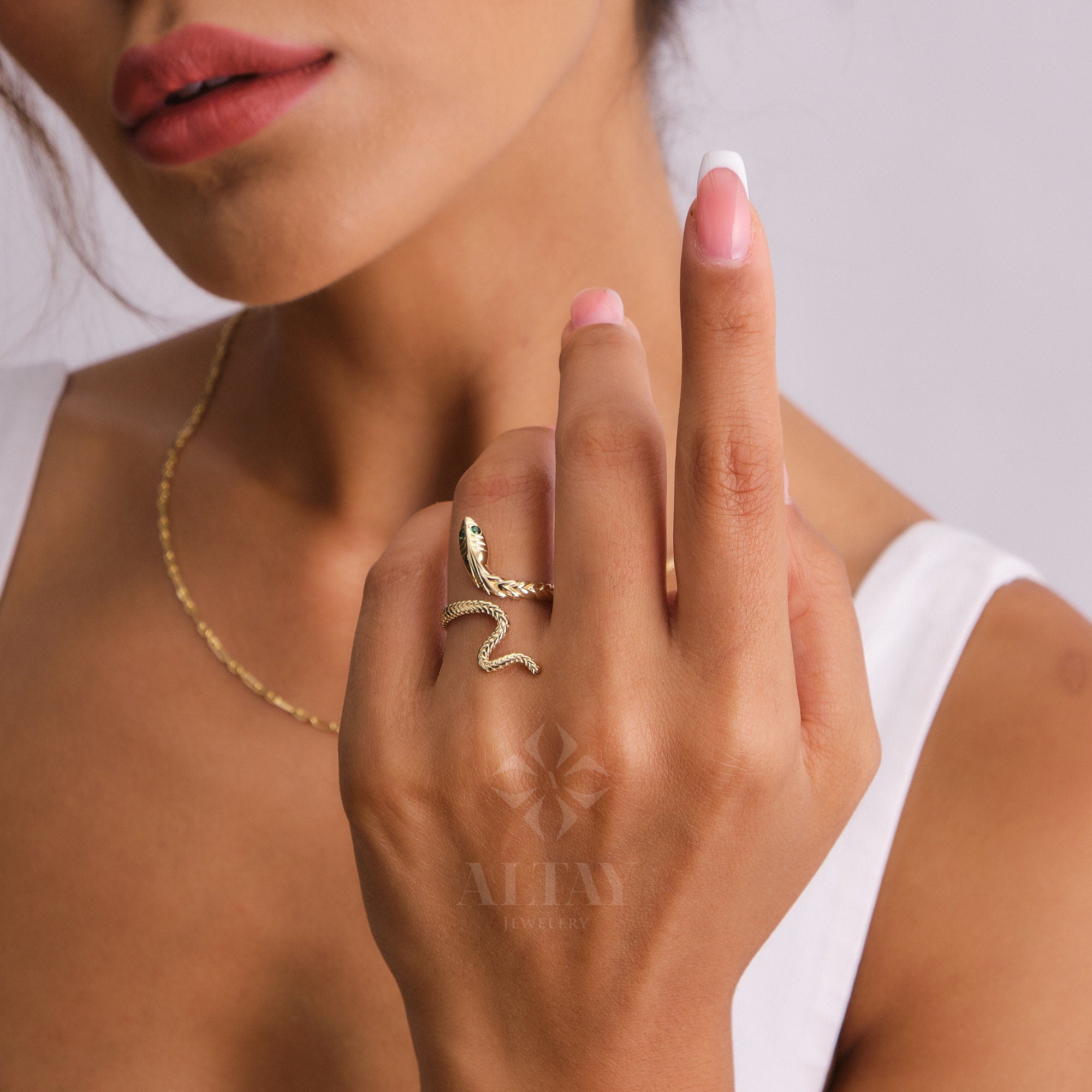 14K Gold Snake Ring, Wrap Snake Band, Circle Serpent Jewelry, Dainty Stacking Animal Rings, Snake Style Ring, Open Band Statement Wrap Ring