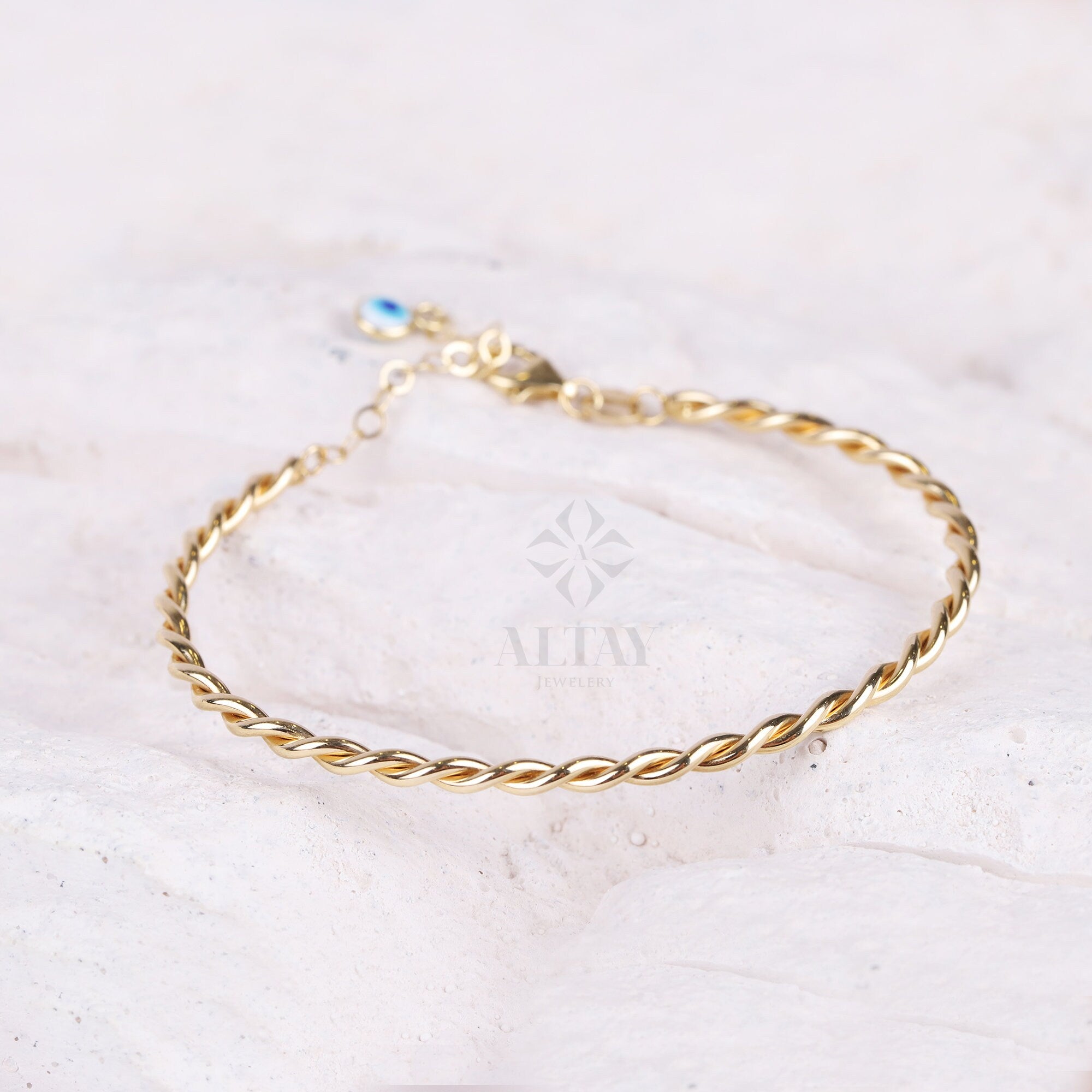14K Gold Rope Bangle, Twisted Adjustable Gold Bangle, 2.75mm 1.95mm Wide Bracelet, Personalized Evil Eye Extender, Wire Stacking Cuff