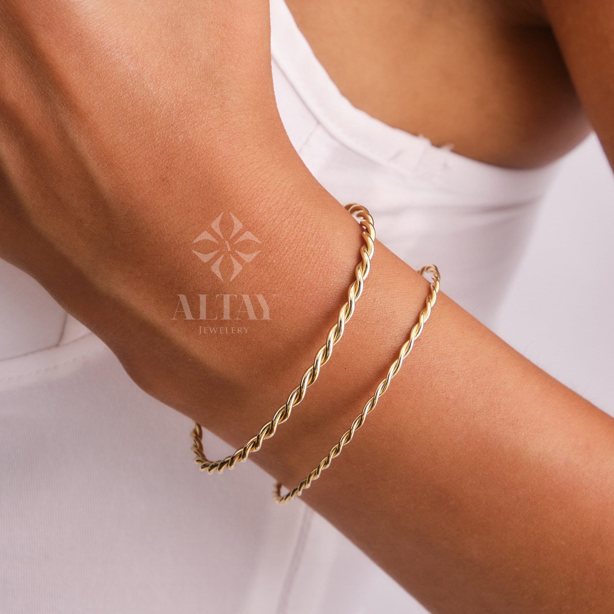 14K Gold Rope Bangle, Twisted Adjustable Gold Bangle, 2.75mm 1.95mm Wide Bracelet, Personalized Evil Eye Extender, Wire Stacking Cuff