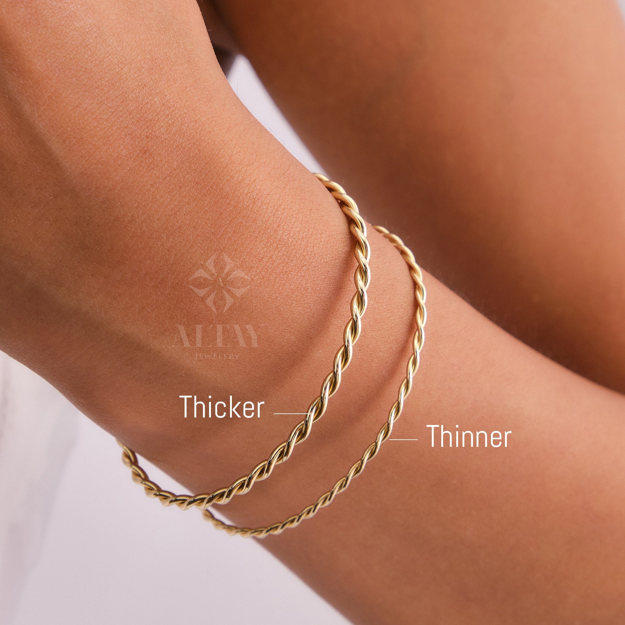 14K Gold Rope Bangle, Twisted Adjustable Gold Bangle, 2.75mm 1.95mm Wide Bracelet, Personalized Evil Eye Extender, Wire Stacking Cuff