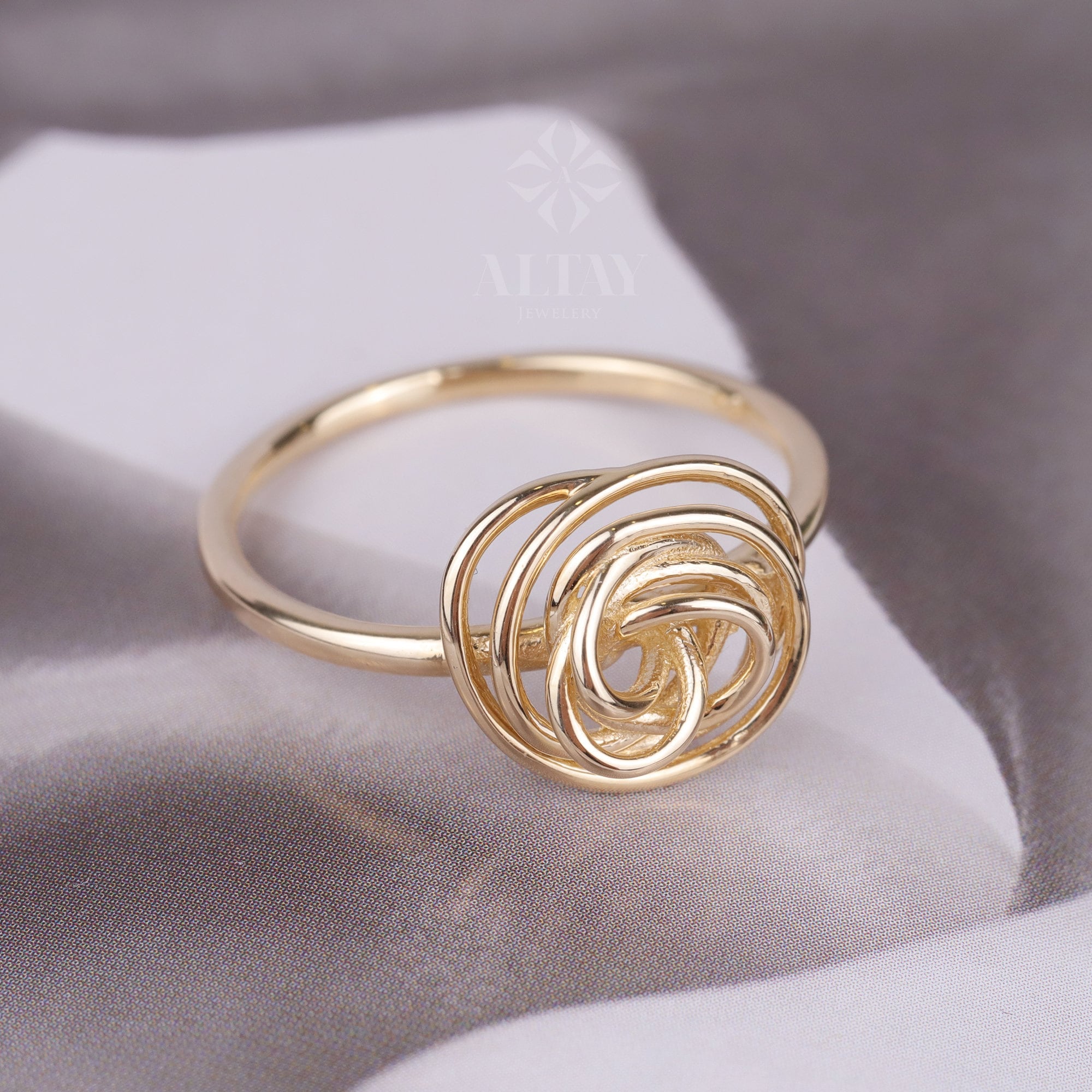 14K Gold Wire Rose Ring, Thin Swirl Floral Statement Ring
