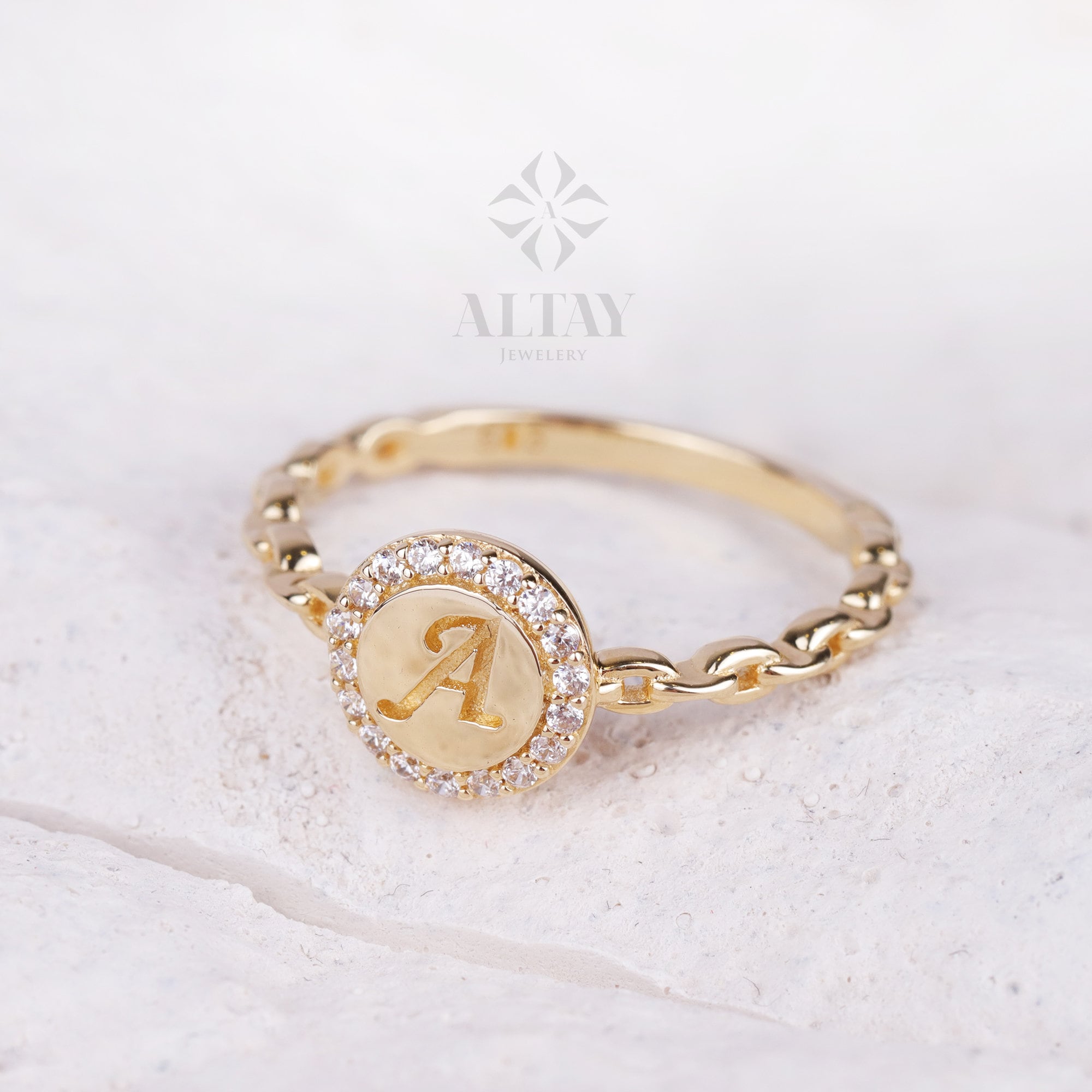 14K Gold Initial Ring, Round Signet Ring, Engraved Pinky Ring, Personalized Stacking Ring, Chain Band Ring, Custom Cursive Initial Ring