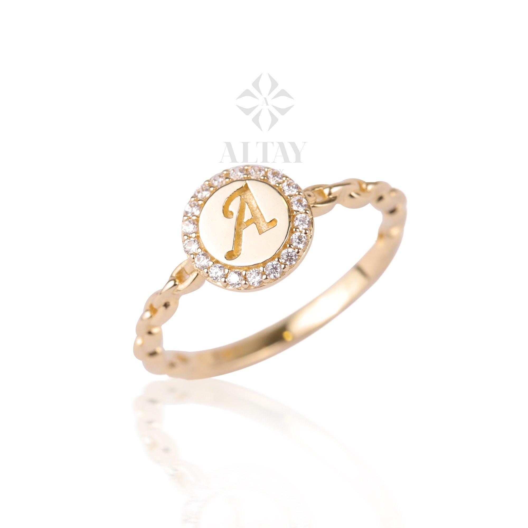 14K Gold Initial Ring, CZ Diamond Cursive Initial, Dainty Letter Band, Name Monogram Ring, Personalized Jewelry, Customized Tiny Gift