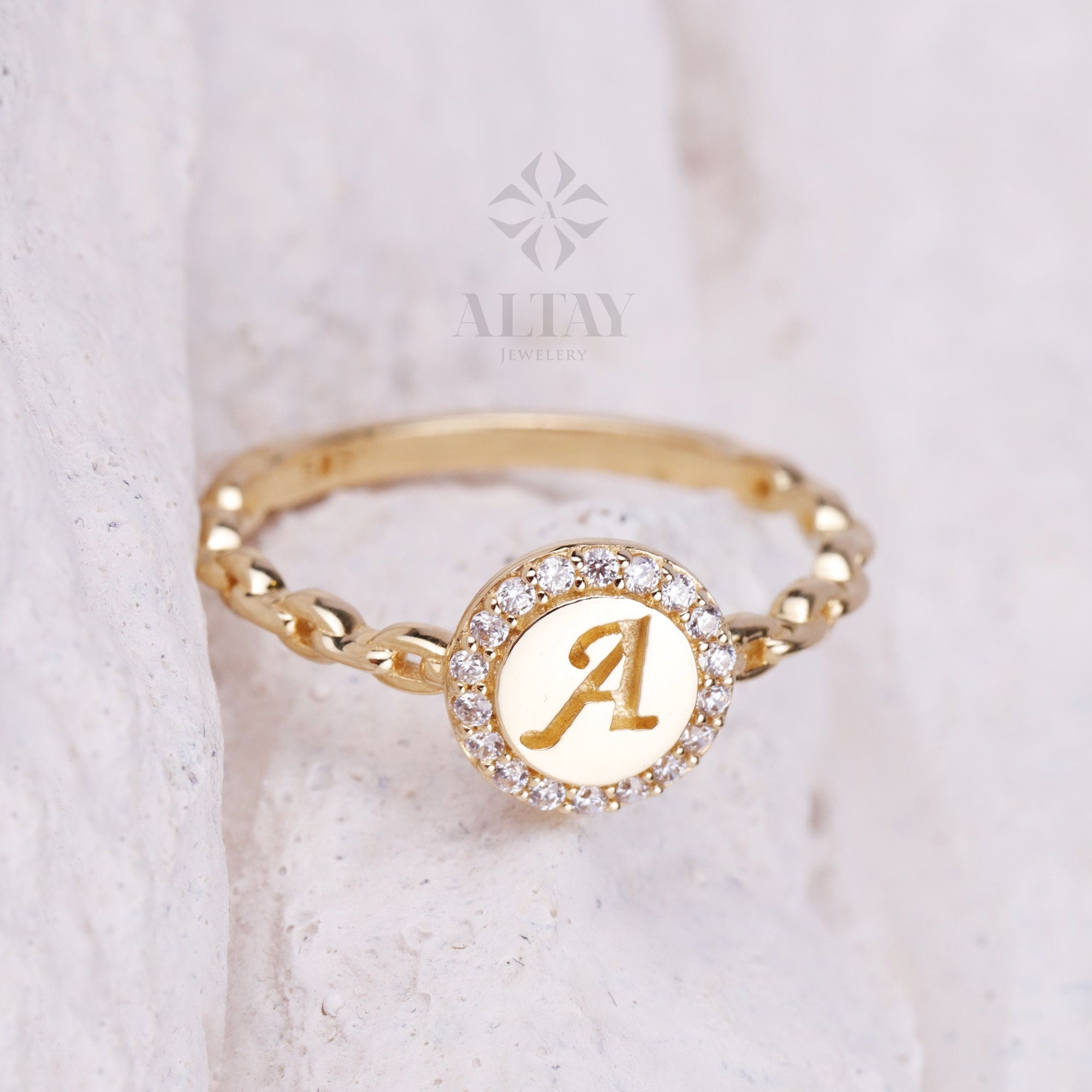 14K Gold Initial Ring, Round Signet Ring, Engraved Pinky Ring, Personalized Stacking Ring, Chain Band Ring, Custom Cursive Initial Ring