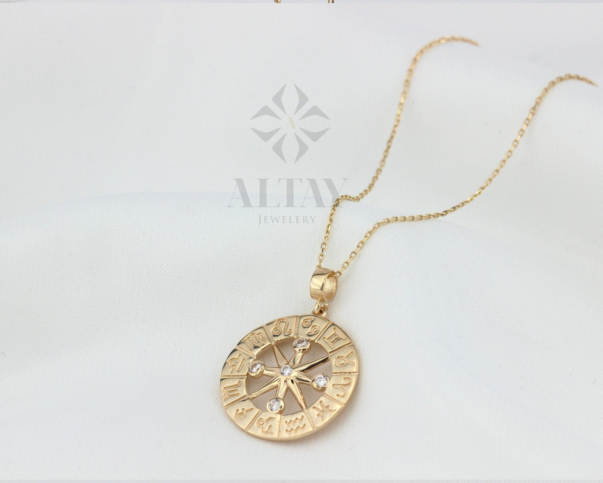 14K Gold Zodiac Compass Necklace, Horoscope Sign Coin Pendant, Medallion Zodiac Charm, Layered Birthstone Necklace, Celestial Jewelry, Gift