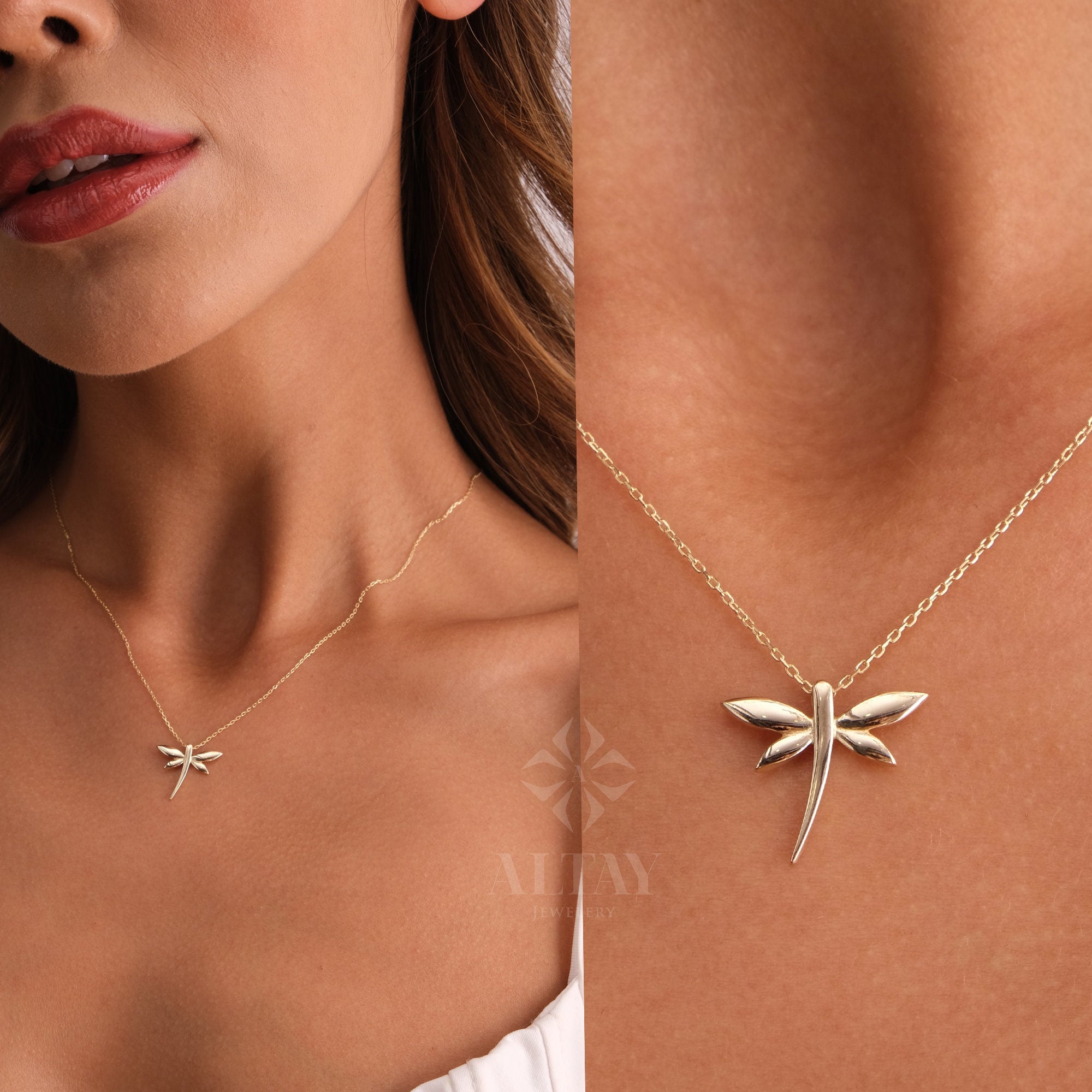 14K Gold Dragonfly Necklace, Dragonfly Gold Pendant, Gold Dragonfly Charm, Minimalist Dragonfly Choker, Dainty Gold Necklace, Gift For Her