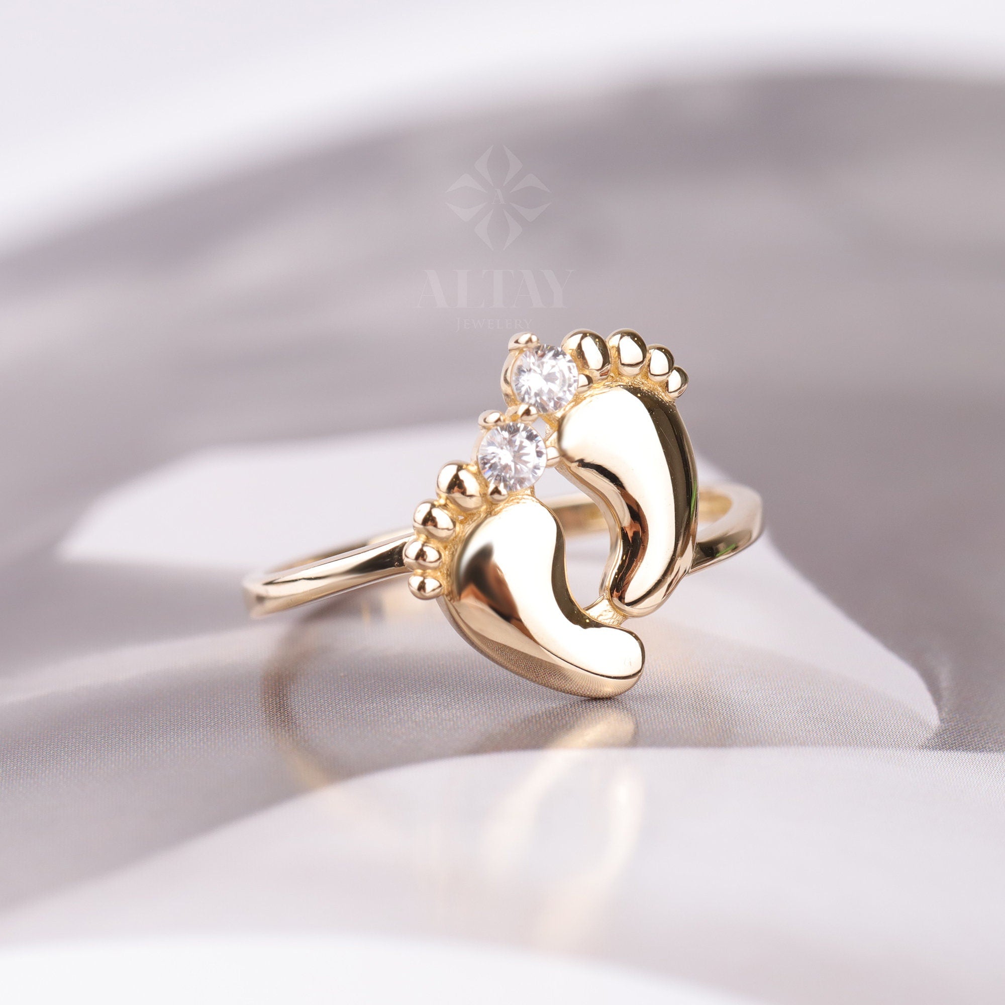 14K Gold Baby Feet Ring, Personalized Name Band, Birthstone Footprint Ring, Custom Engraved Newborn Ring, New Mom Gift