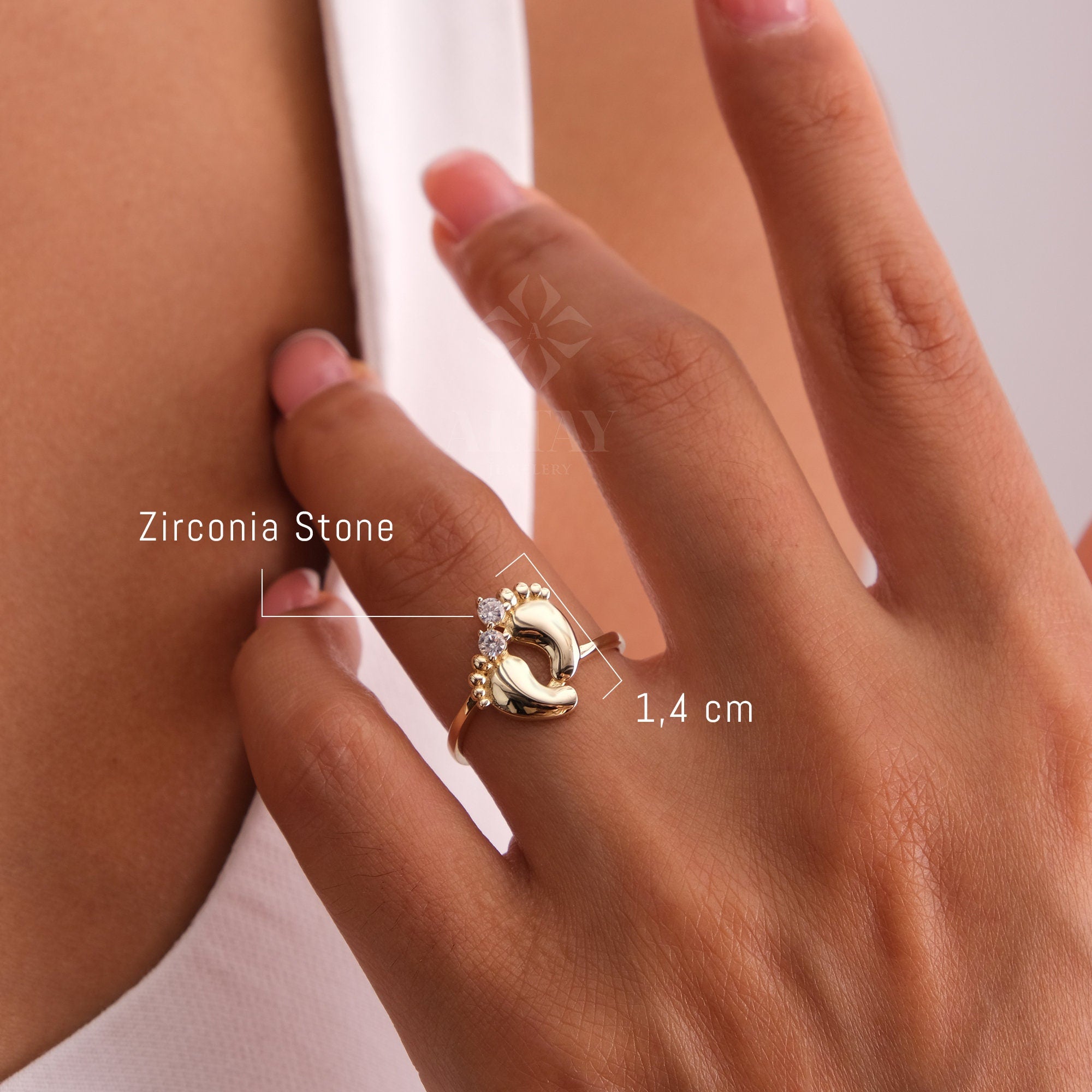 14K Gold Baby Feet Ring, Personalized Name Band, Birthstone Footprint Ring, Custom Engraved Newborn Ring, New Mom Gift