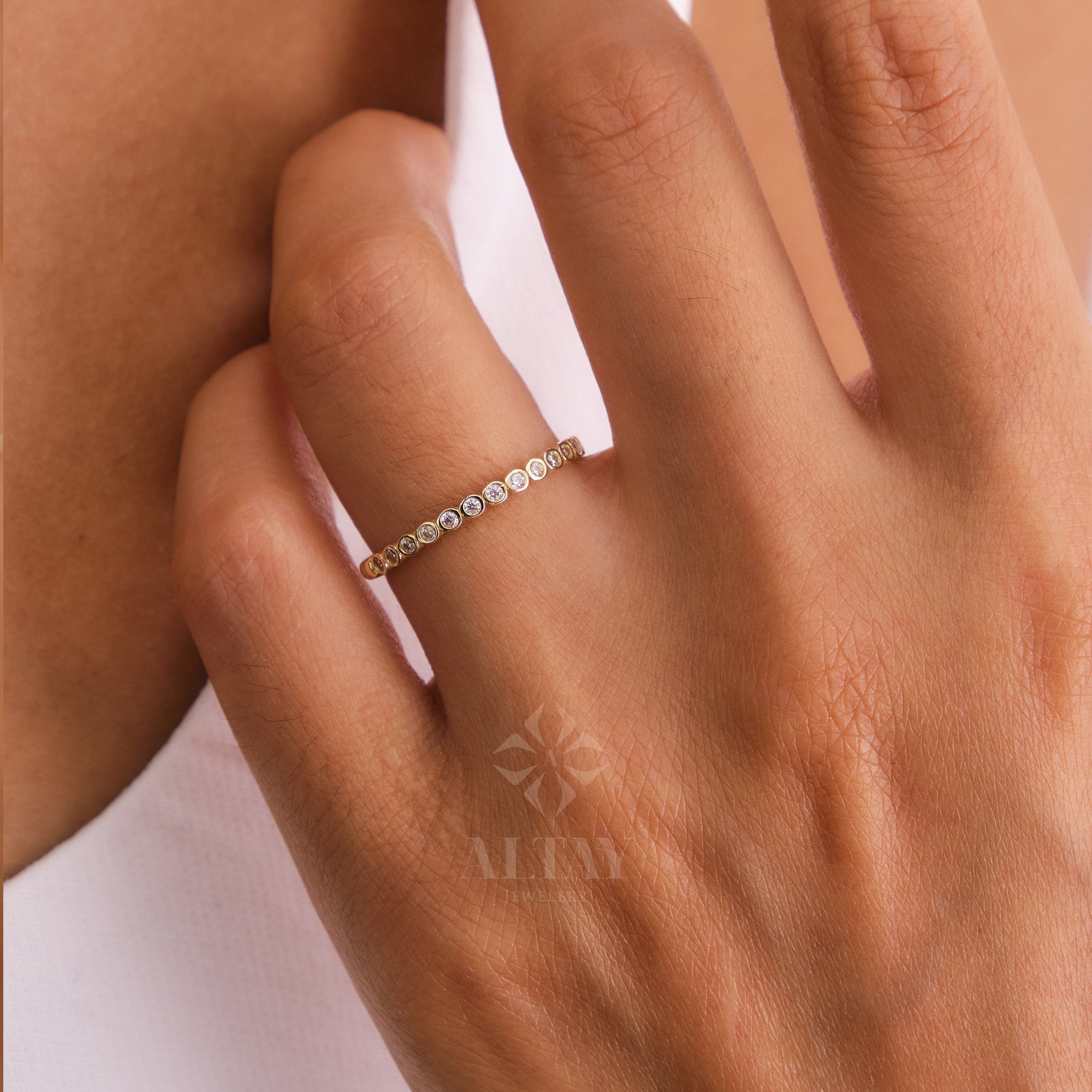 14K Gold Bezel Dot Ring, 2mm Beaded Gold Ring, Half Eternity Band Ring, Gold Thumb Ring, Eternity Ball Ring, Minimalist Wedding Band Ring