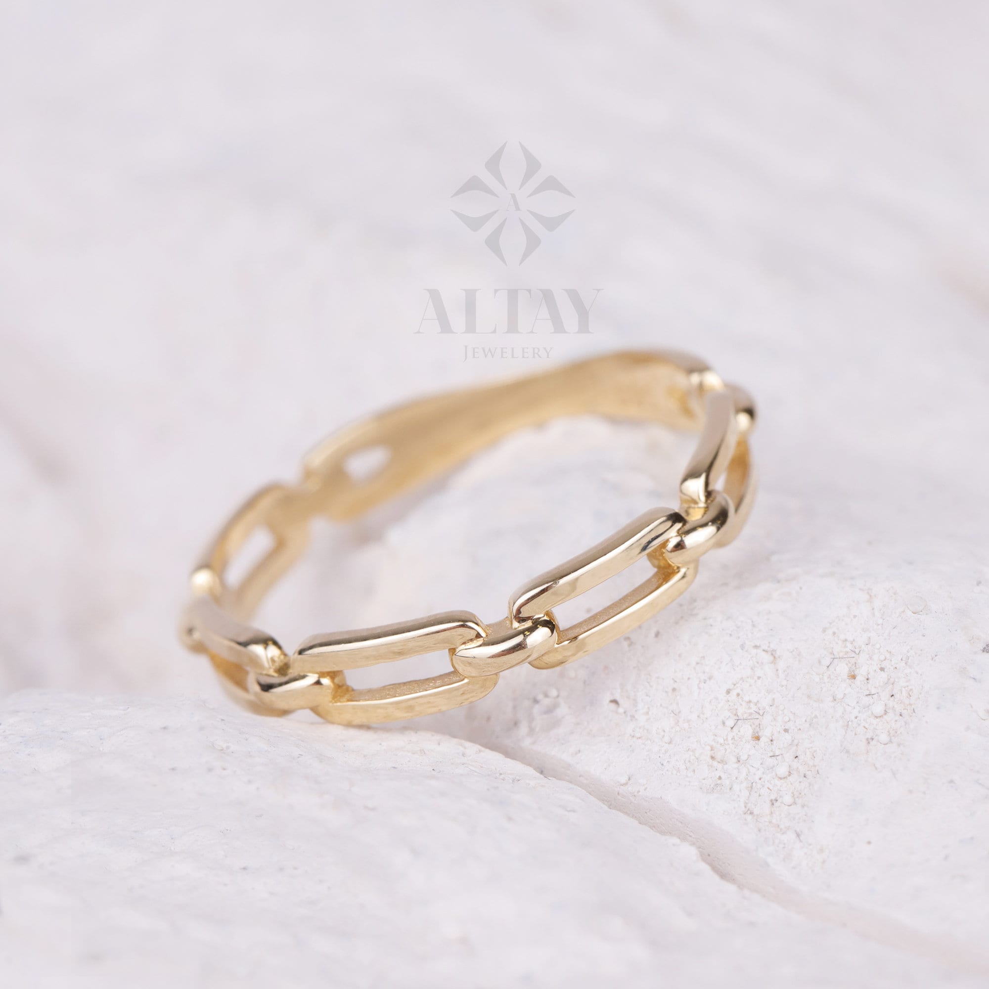 14K Gold Chain Ring, Paperclip Chain Band, Rectangle Long Chain Ring, Stacking Chain Ring, Chunky Gold Band, Chain Curb Ring, Layering Band