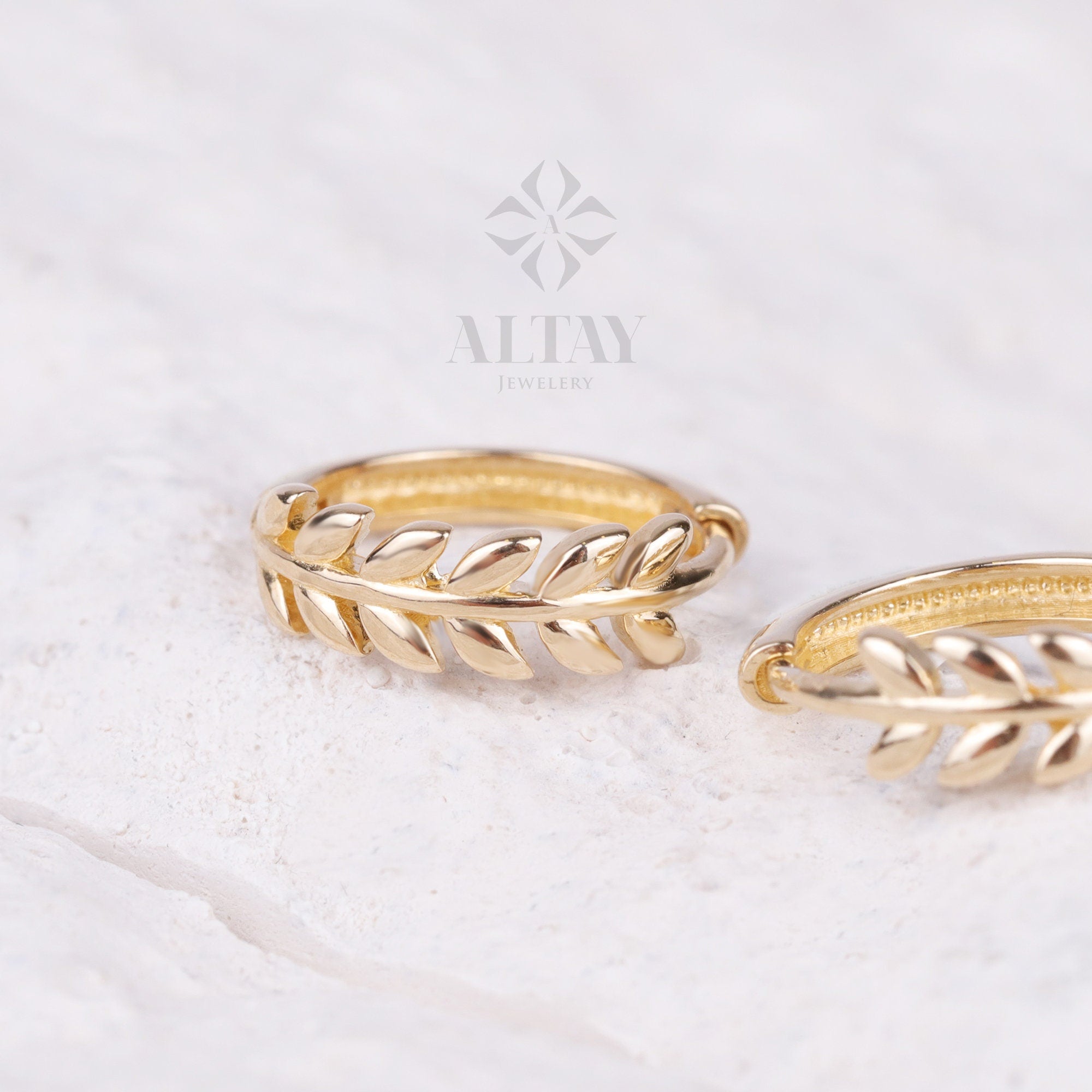 14K Gold Leaf Hoop Earrings, Small Leaf Huggies, Olive Leaf Huggies Earrings, Gold Tiny Hoop Earrings, Huggies Hoop, Dainty Hoop Earrings