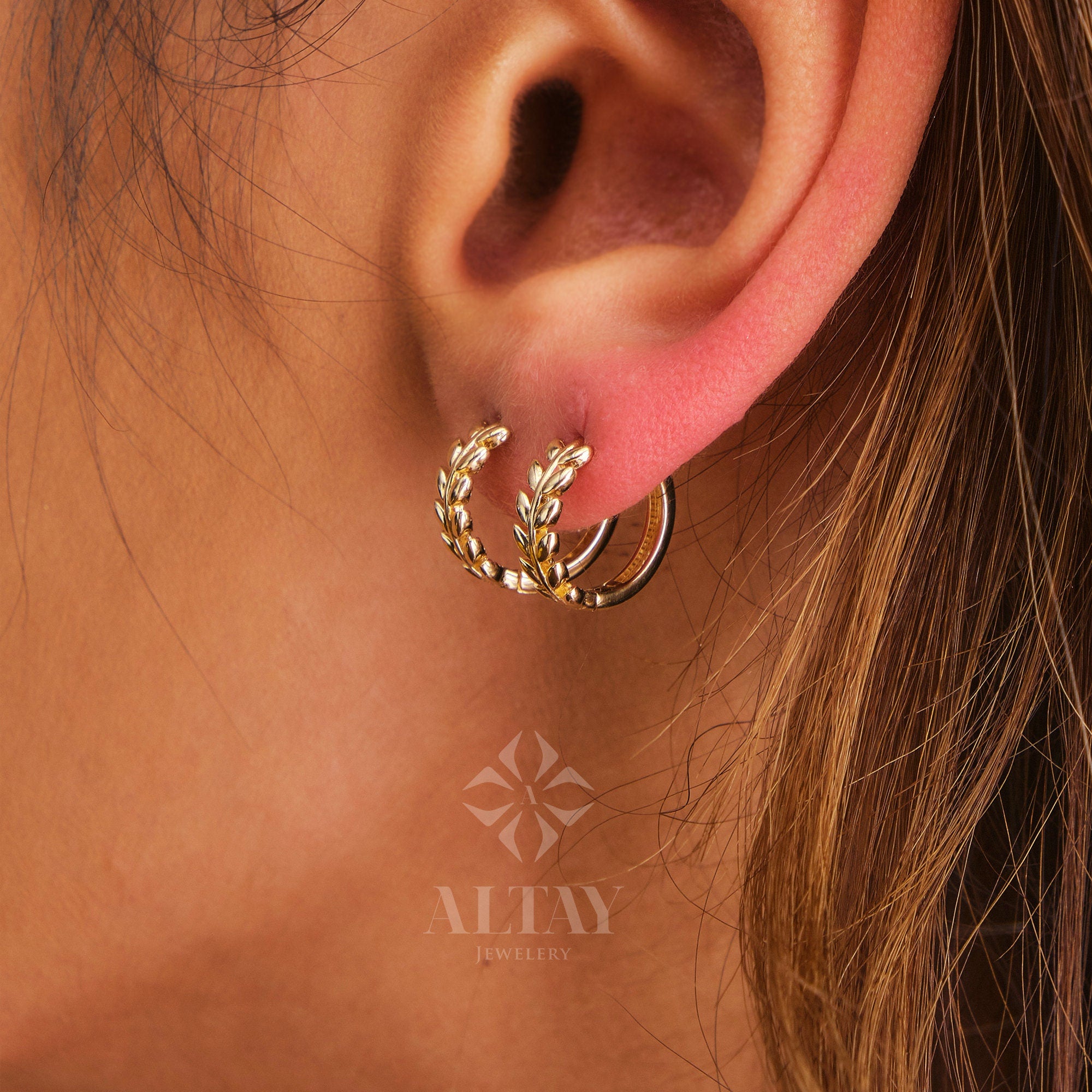 14K Gold Leaf Hoop Earrings, Small Leaf Huggies, Olive Leaf Huggies Earrings, Gold Tiny Hoop Earrings, Huggies Hoop, Dainty Hoop Earrings