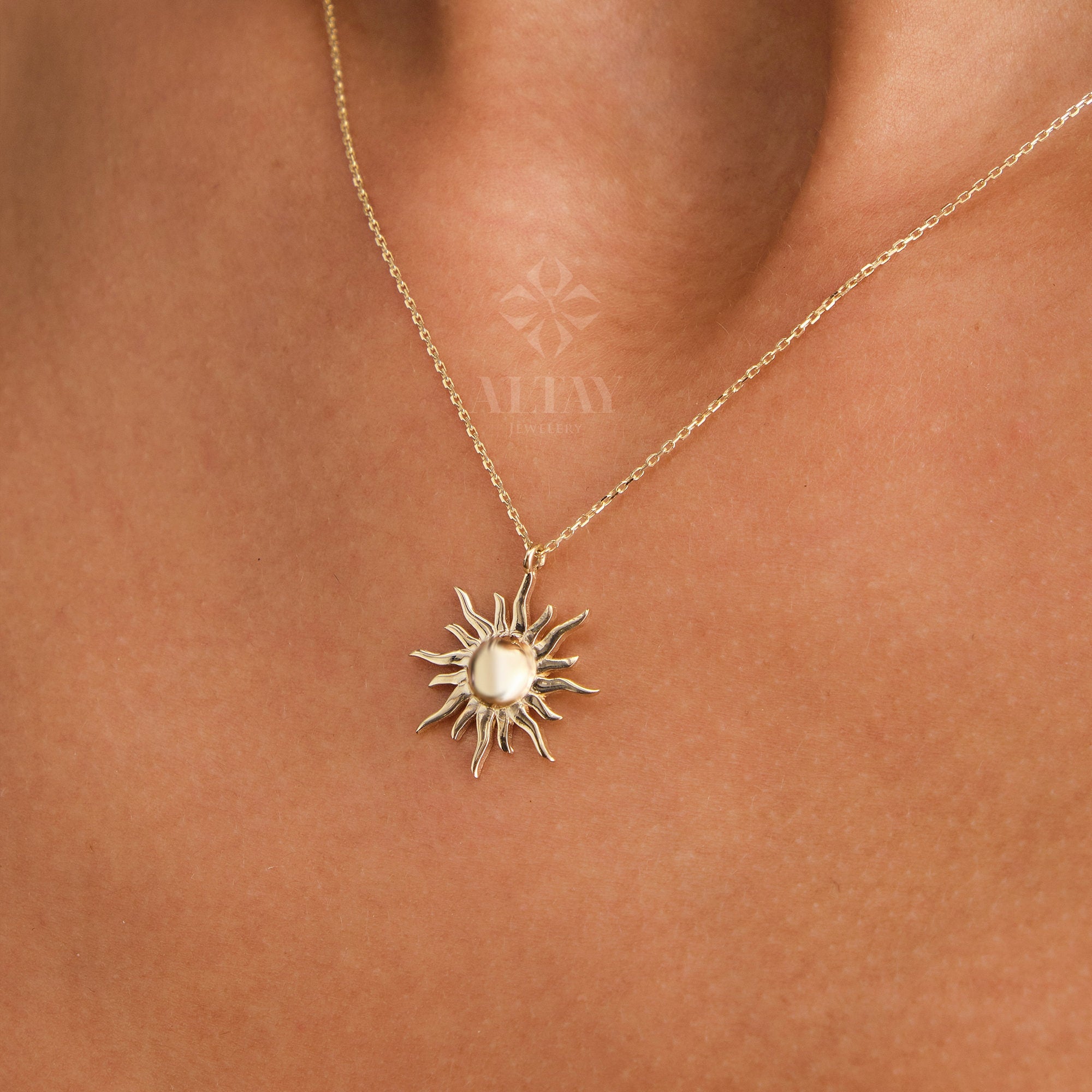 14K Gold Sun Necklace, Sunburst Celestial Pendant, Sun Charm Choker, Gold Sun Medallion, Gold Layering Chain, Gold Solar Necklace, Gift
