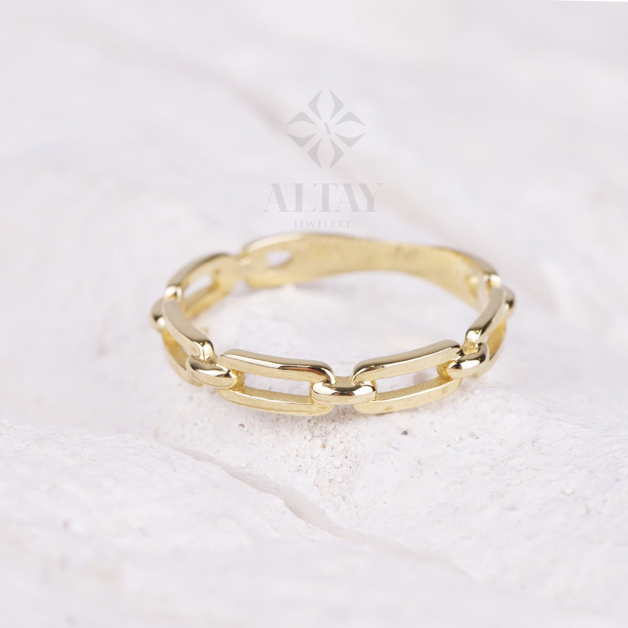 14K Gold Chain Ring, Paperclip Chain Band, Rectangle Long Chain Ring, Stacking Chain Ring, Chunky Gold Ring, Chain Curb Ring, Layering Band