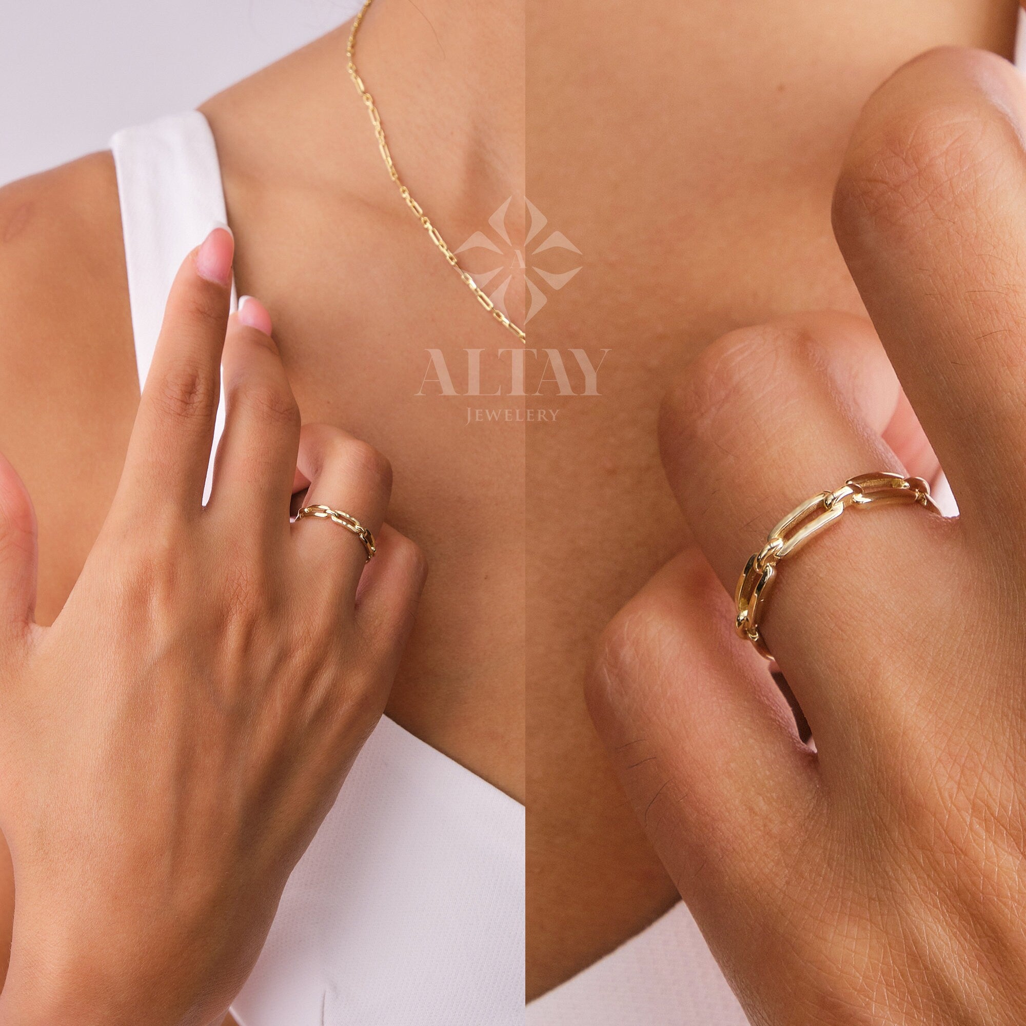 14K Gold Paperclip Chain Ring, Gold Chain Link Ring, Pointer Finger Ring, Stacking Ring for Women, Minimalist Wedding Ring, Handmade Band