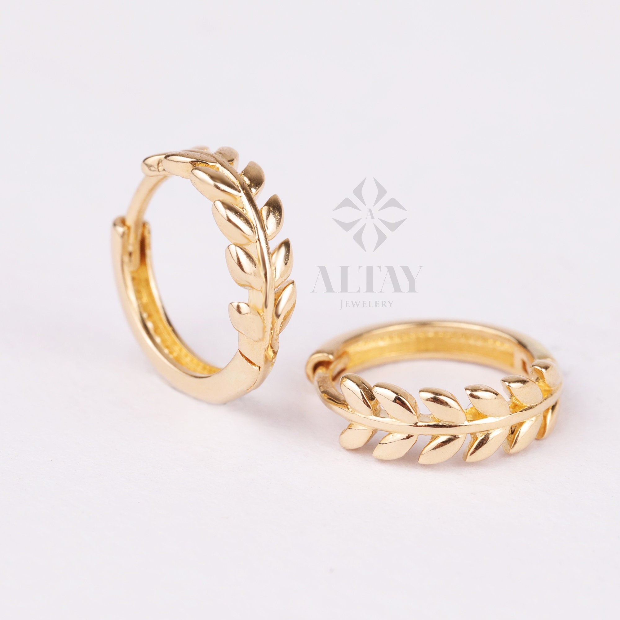 14K Gold Leaf Hoop Earrings, Small Leaf Huggies, Olive Leaf Huggies Earrings, Gold Tiny Hoop Earrings, Huggies Hoop, Dainty Hoop Earrings