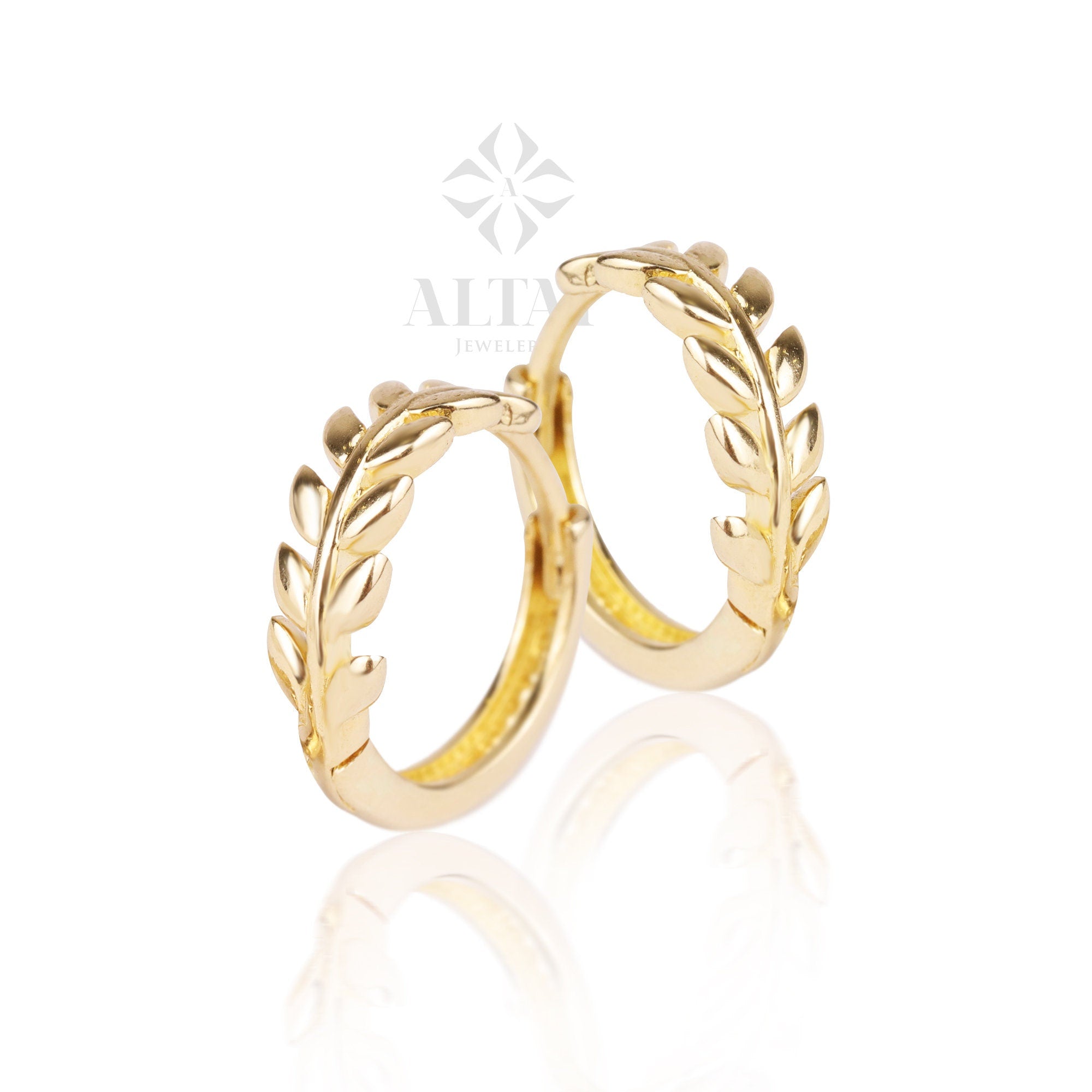 14K Gold Leaf Hoop Earrings, Small Leaf Huggies, Olive Leaf Huggies Earrings, Gold Tiny Hoop Earrings, Huggies Hoop, Dainty Hoop Earrings