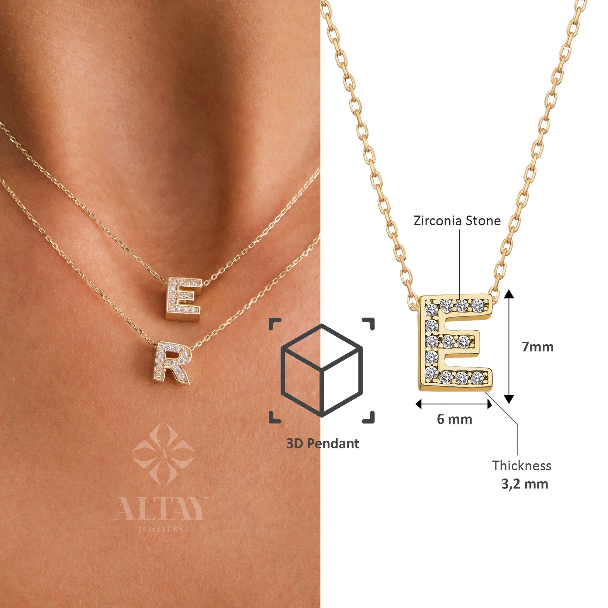 14K Gold Diamond Initial Necklace, CZ Diamond Letter Pendant Choker, Minimal Charm, Name Necklace, Personalized Dainty Pendant, Wife Gift