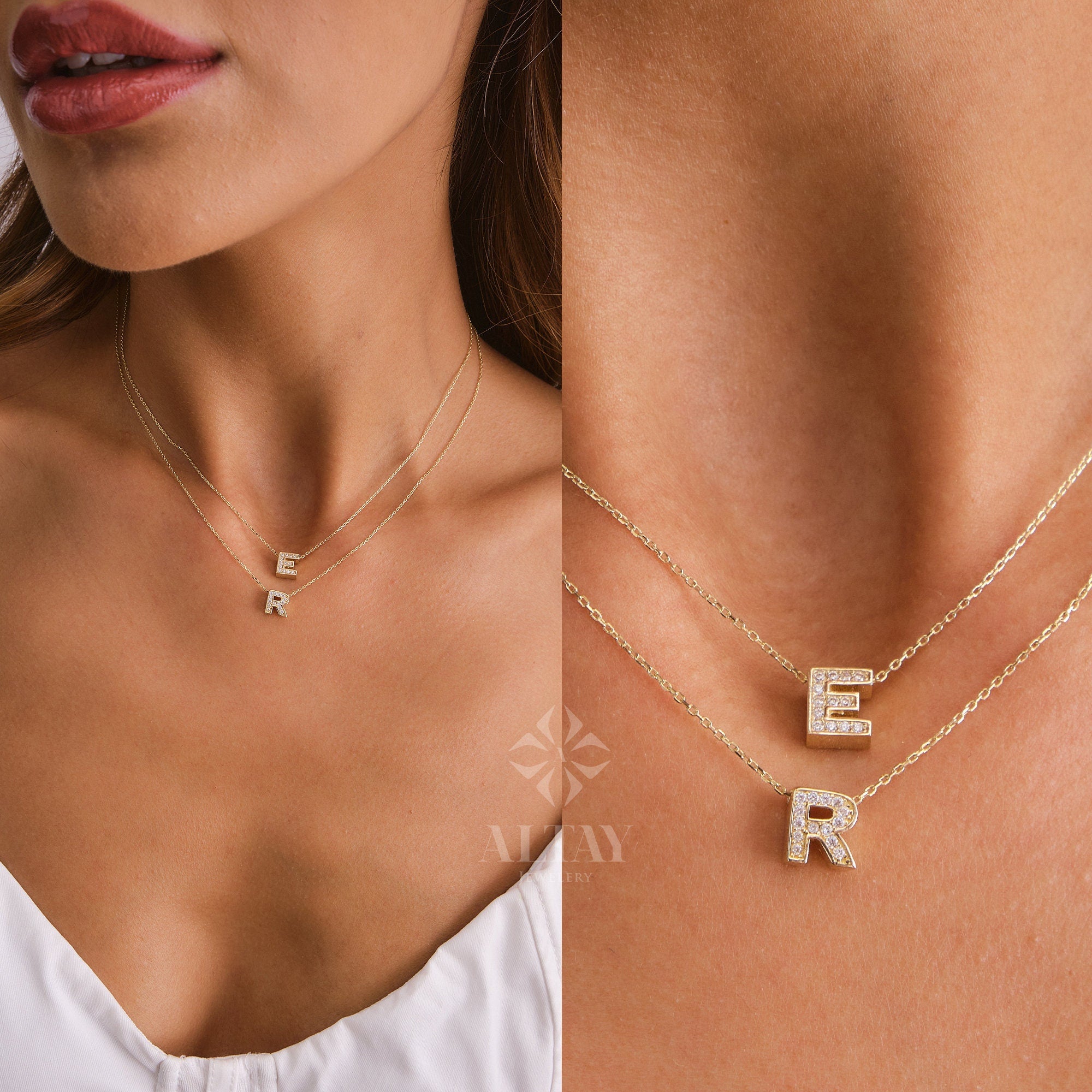 14K Gold Diamond Initial Necklace, CZ Diamond Letter Pendant Choker, Minimal Charm, Name Necklace, Personalized Dainty Pendant, Wife Gift