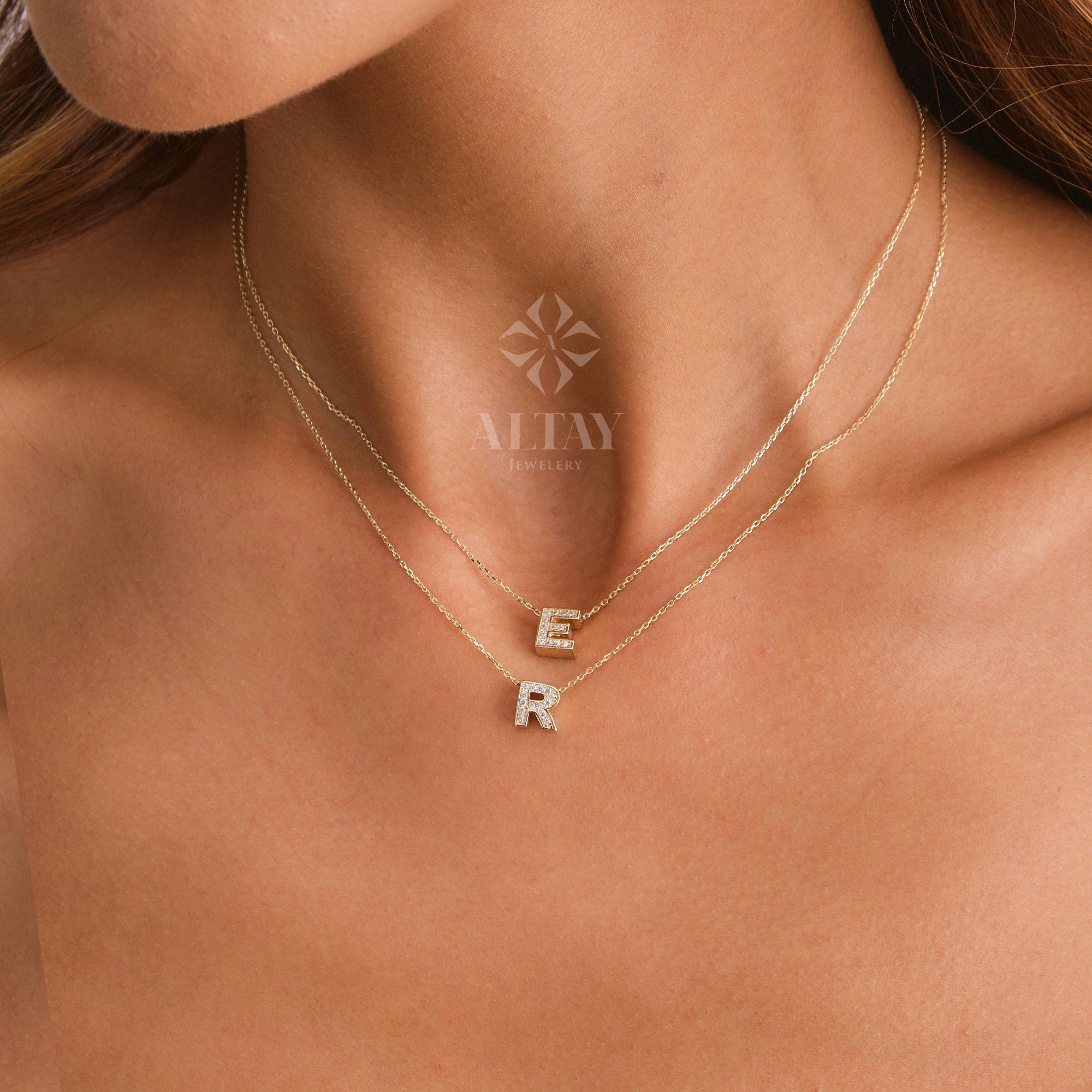 14K Gold Diamond Initial Necklace, CZ Diamond Letter Pendant Choker, Minimal Charm, Name Necklace, Personalized Dainty Pendant, Wife Gift