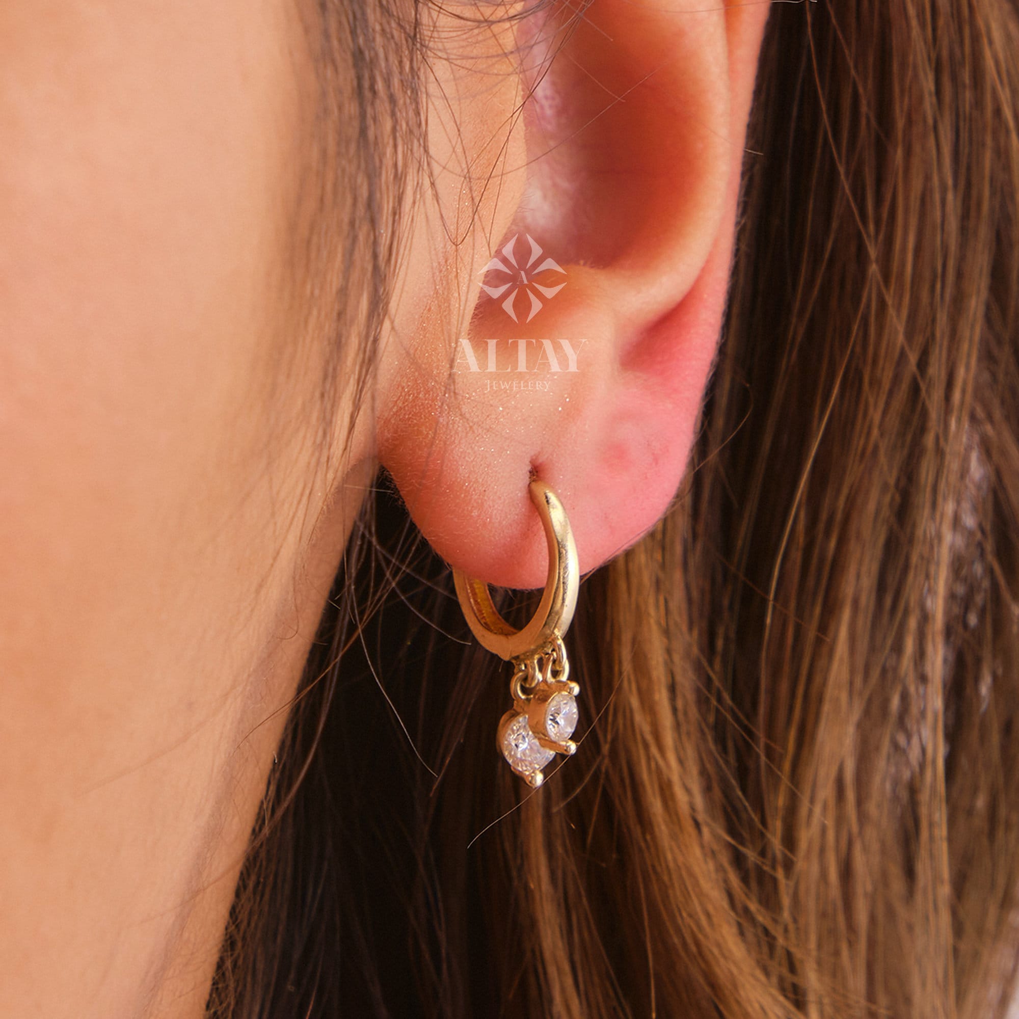 14K Gold Dangling Drop Earrings, Cz Diamond Earrings, Cartilage Upper Earlobe, Small Huggie Hoops, Bridal Earrings, Anniversary Gift
