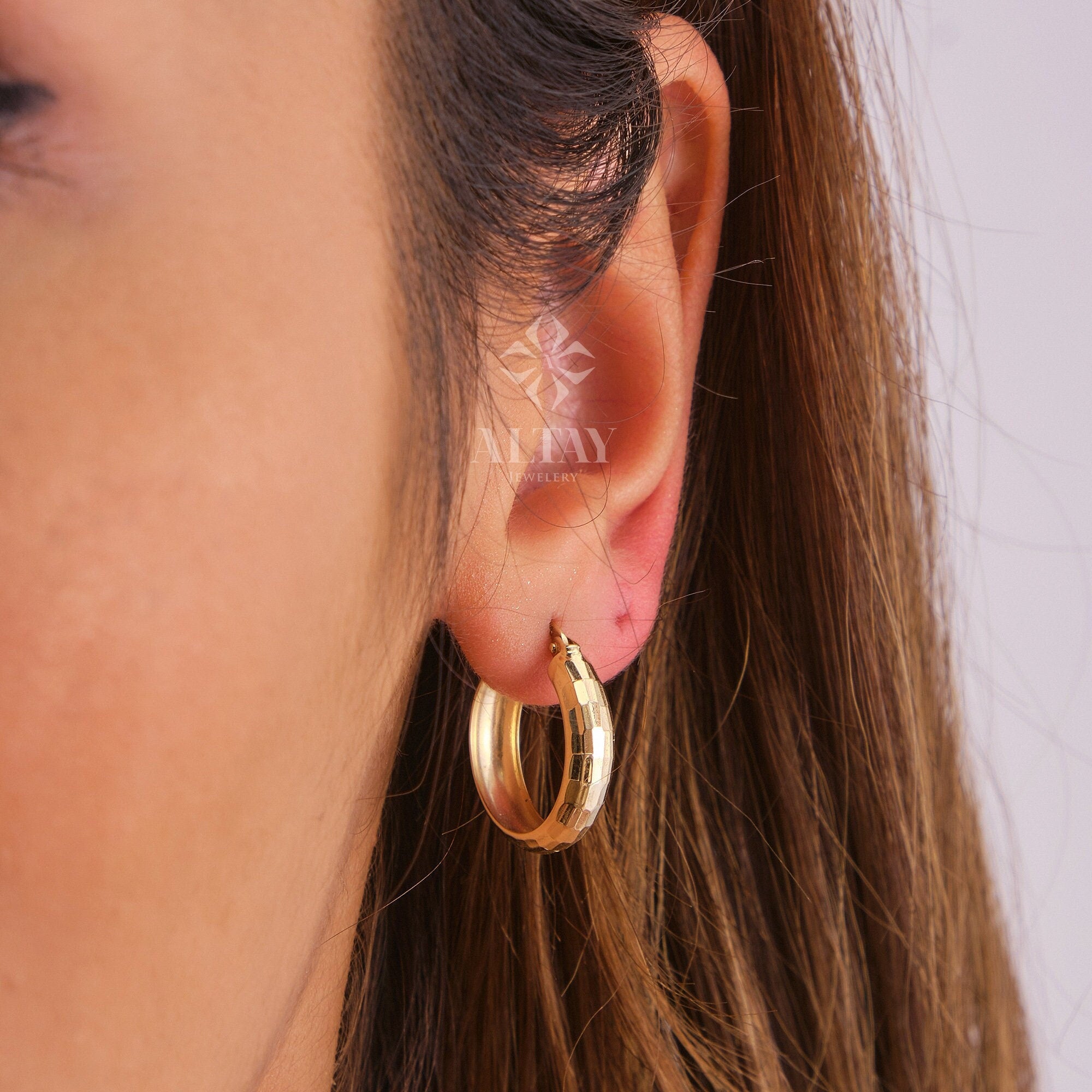 14K Gold Cuff Dome Huggie Earrings, Disco Ball Pattern Hoops