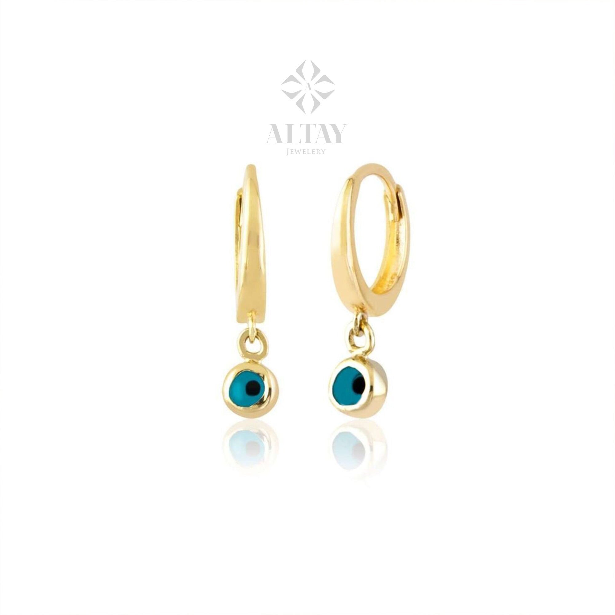 14K Gold Evil Eye Dangle Earrings, Dainty Eye Earrings, Huggie Hoop Earrings, Protection Jewelry, Protection Symbol, Evil Eye Charm