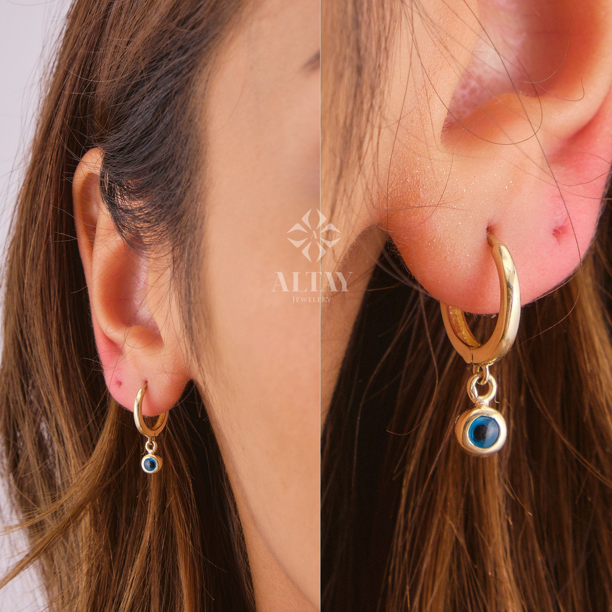 14K Gold Evil Eye Dangle Earrings, Dainty Eye Earrings, Huggie Hoop Earrings, Protection Jewelry, Protection Symbol, Evil Eye Charm