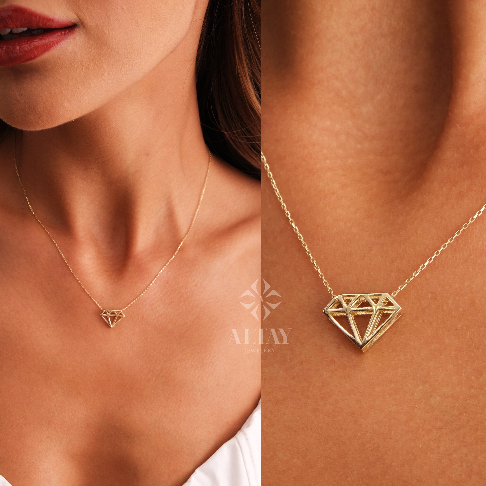 14K Gold Diamond Shape Pendant, Diamond Cutout Necklace, Diamond Pattern Choker, Gold Diamond Outline Necklace, Diamond Pattern