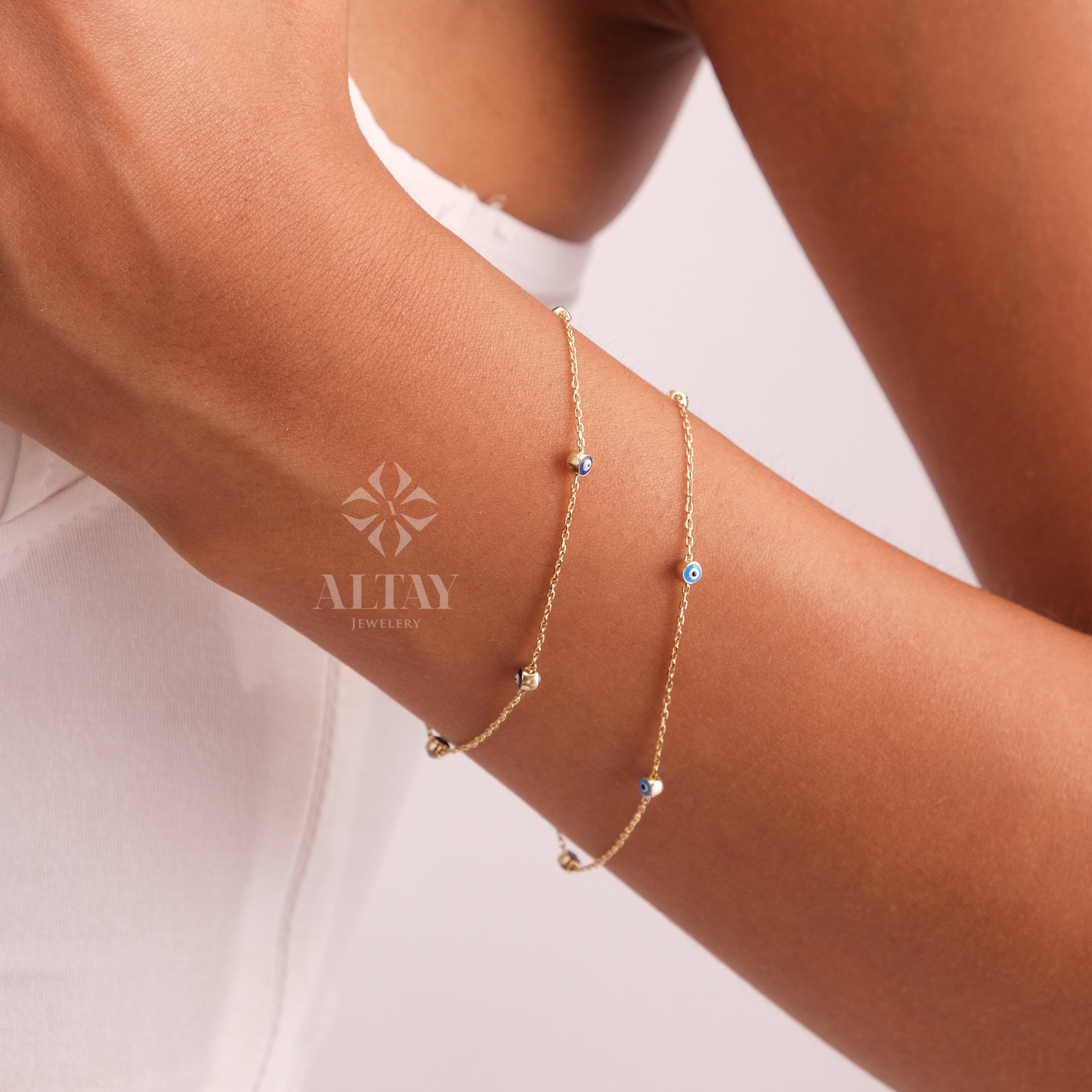14K Gold Evil Eye Bracelet, Gold Chain Bracelet, Evil Eye Charm Bracelet, Minimalist Jewelry, Dainty Layering Evil Eye, Gift for Her