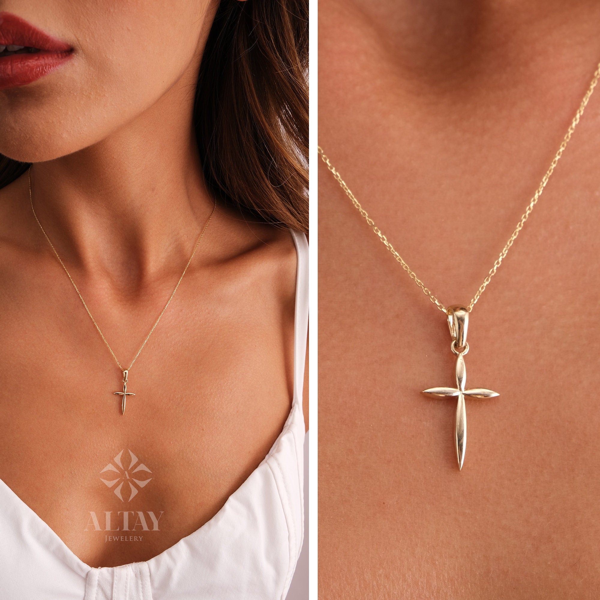 14K Gold Cross Necklace, Crucifix Pendant Chain, Jesus Christ Religious Jewelry, Christening, Dainty Cross Charm, Christian Charm Gift