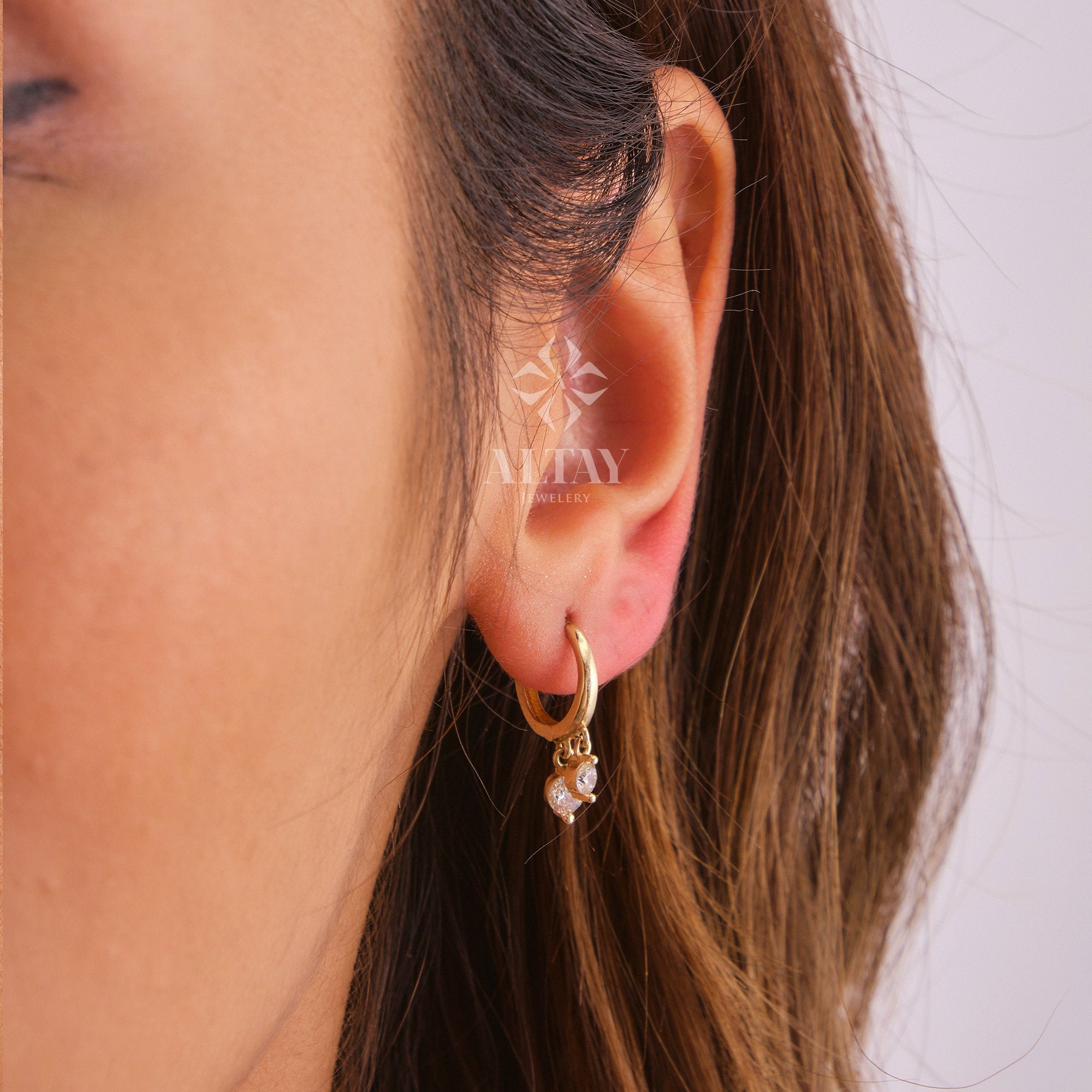 14K Gold Dangling Drop Earrings, Cz Diamond Earrings, Cartilage Upper Earlobe, Small Huggie Hoops, Bridal Earrings, Anniversary Gift