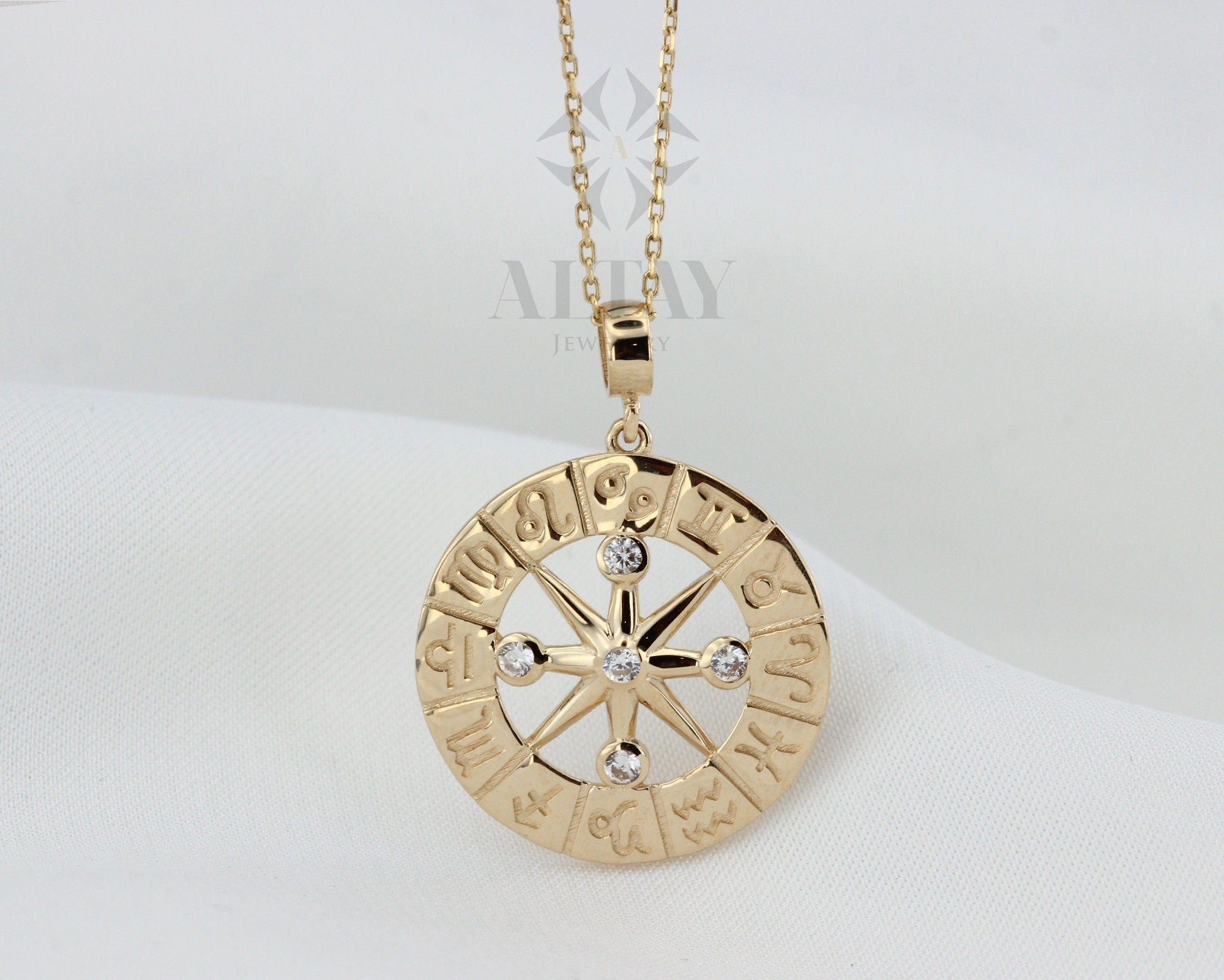 14K Gold Zodiac Compass Necklace, Horoscope Sign Coin Pendant, Medallion Zodiac Charm, Layered Birthstone Necklace, Celestial Jewelry, Gift