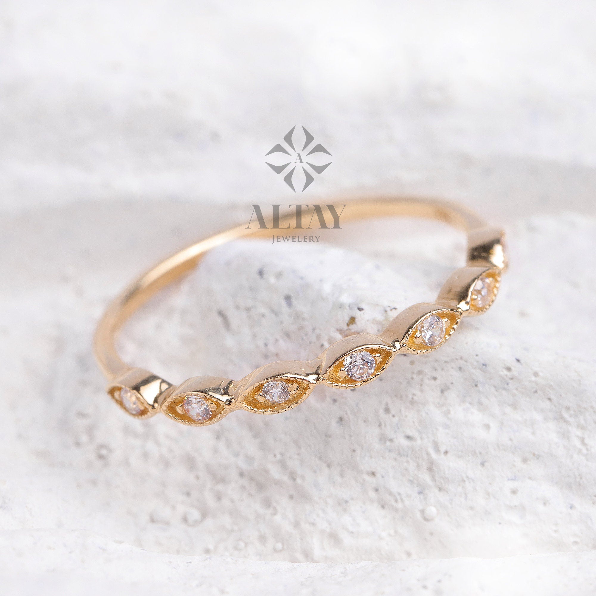 14K Gold Art Deco Wedding Band Ring, Half Eternity Cz Diamond Wedding Ring, Marquise Wedding Band, Stacking Ring, Dainty Stacking Ring