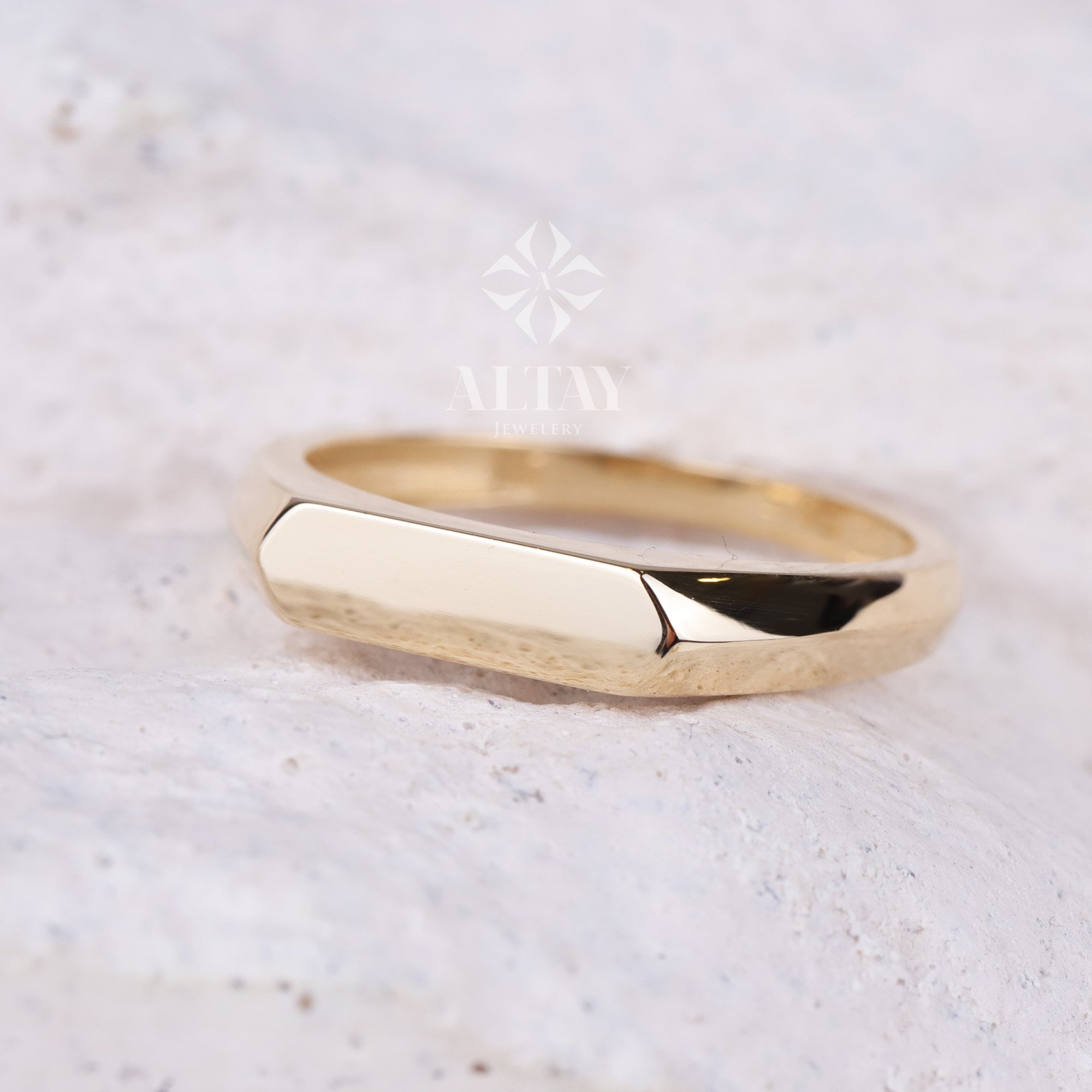 14K Gold Signet Bar Ring, Rectangle Signet Band, Chevalier Ring, Engraved Signet Ring, Custom Name Pinky Ring, Dainty Personalized Flat Ring