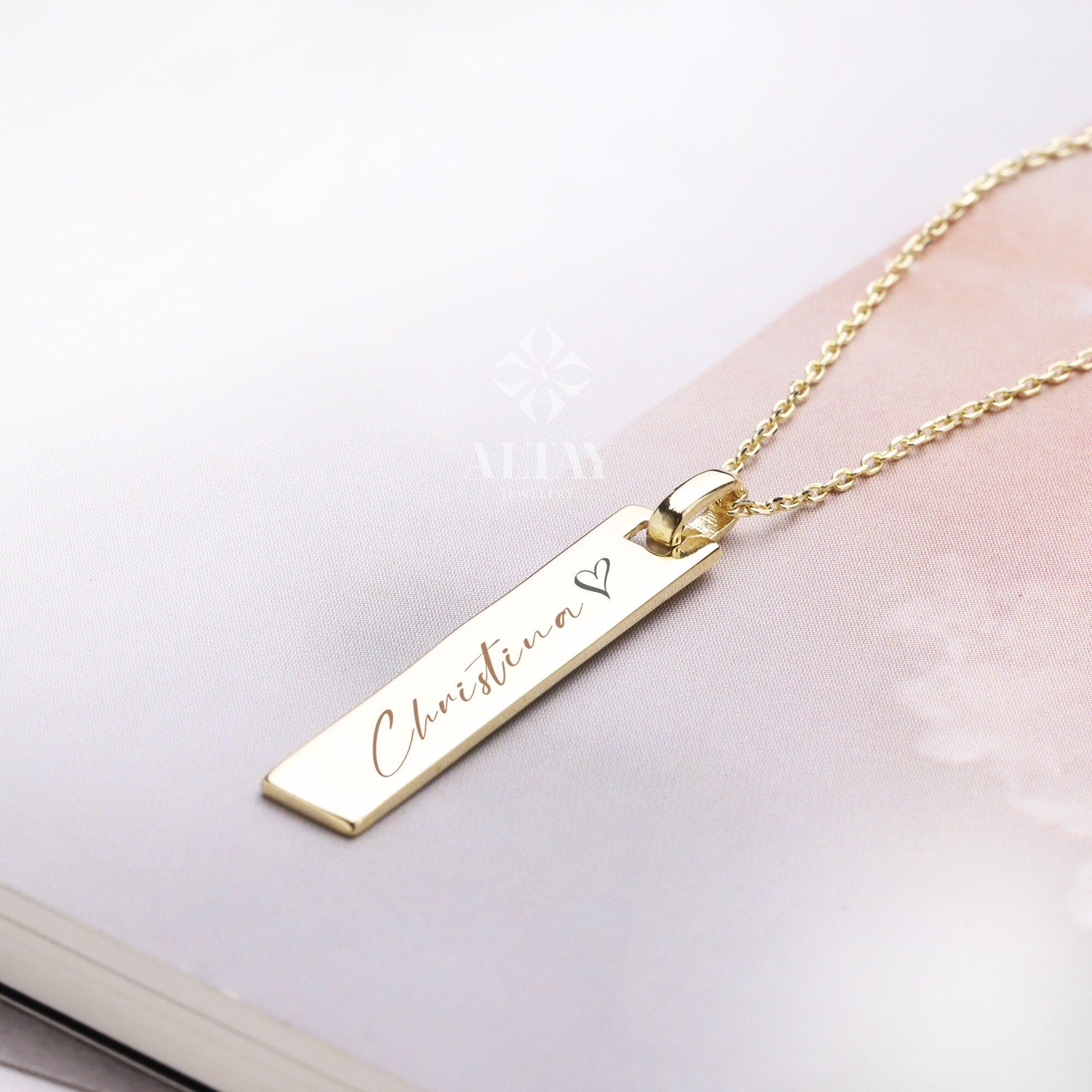 14K Gold Bar Necklace, Custom Bar Necklace, Personalized Name Pendant, Family Name Plate Choker, Coordinates Necklace, Engrave Letter Number