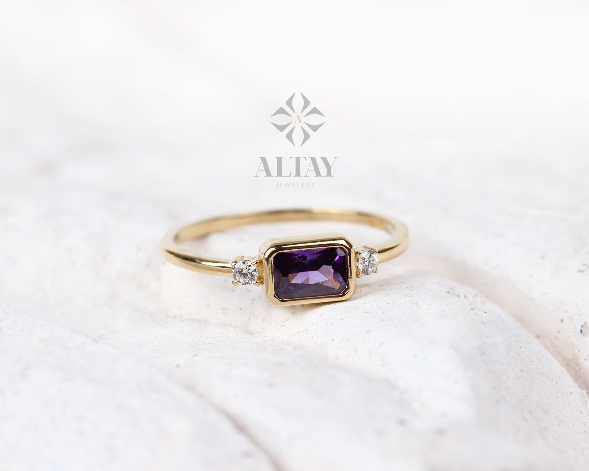 14K Gold Amethyst Ring, Emerald Cut Purple Stone Ring, Dainty Real Gold Birthstone Ring, Minimal Diamond Accent Band, Gift for Her