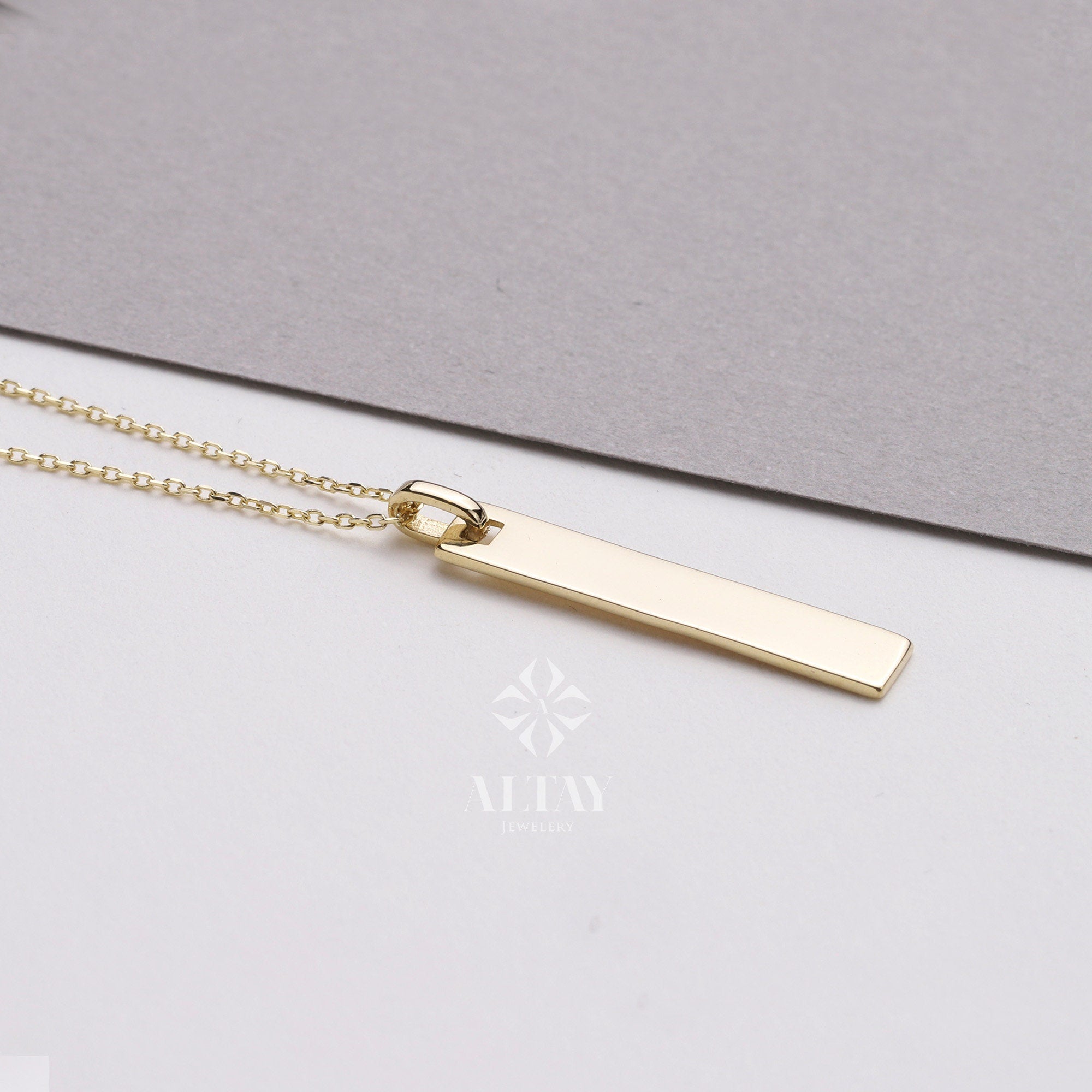 14K Gold Bar Necklace, Custom Bar Necklace, Personalized Name Pendant, Family Name Plate Choker, Coordinates Necklace, Engrave Letter Number