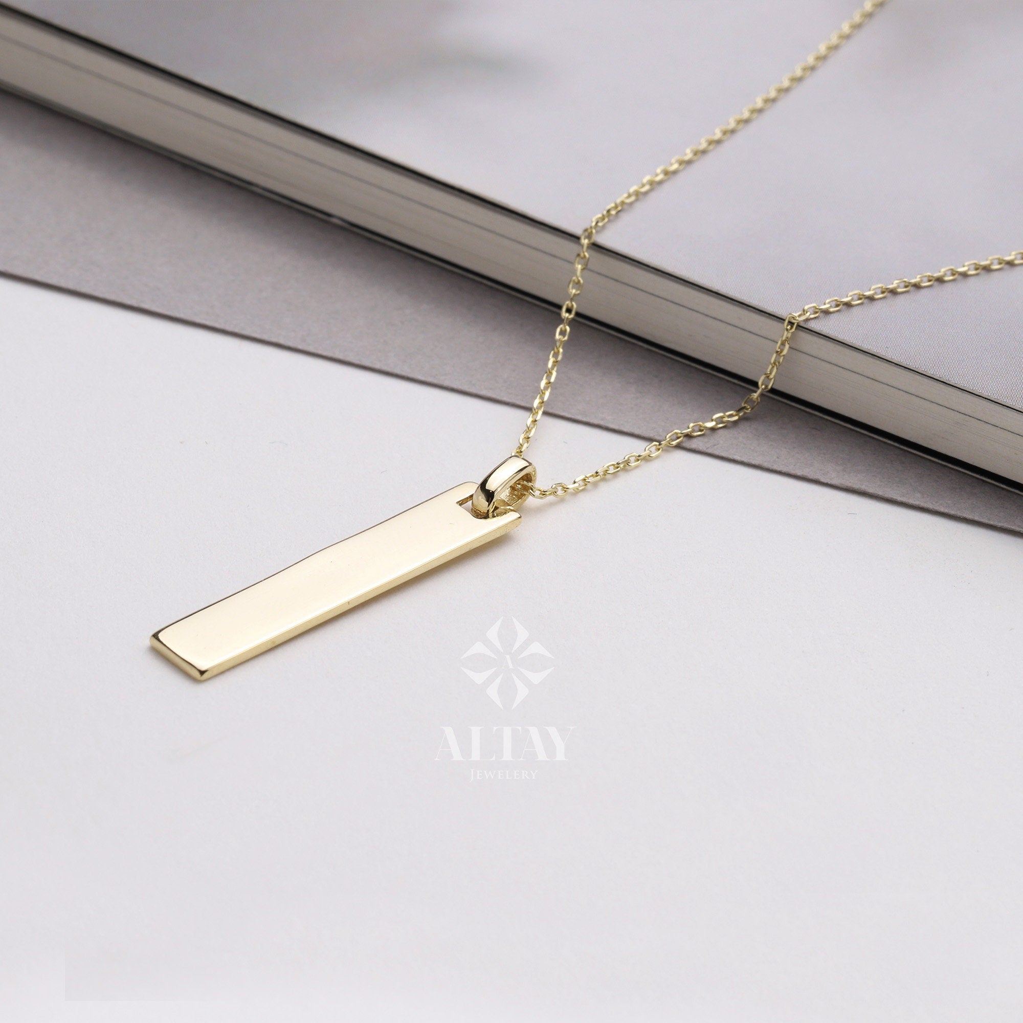 14K Gold Birth Flower Tag Necklace, Gold Bar Tag Pendant, Custom Engraved Birth flower Necklace, Floral Dainty Charm, Flower Birth Month
