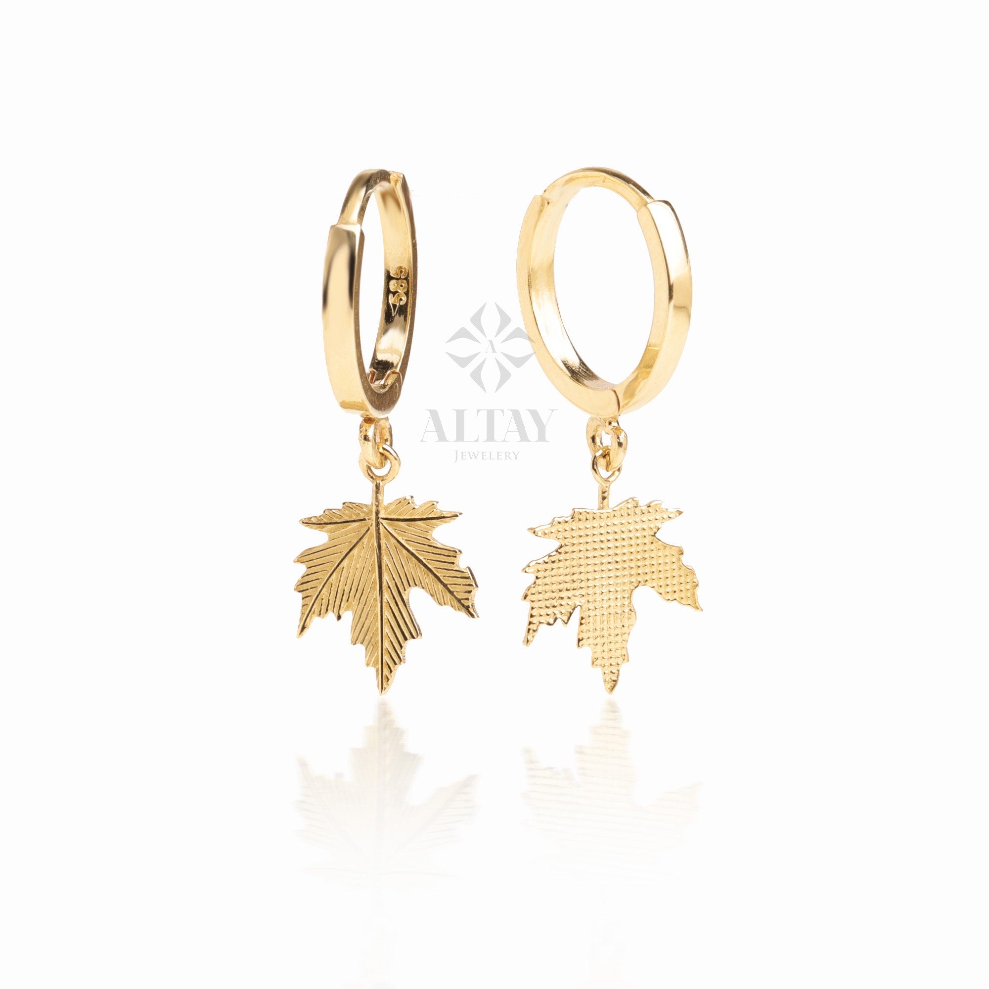 14K Gold Leaf Hoop Earrings, Dangle Maple Leaf Huggies, Maple Leaf Earrings, Tiny Drop Hoop Earrings, Huggies Hoop, Dainty Hoop Earrings